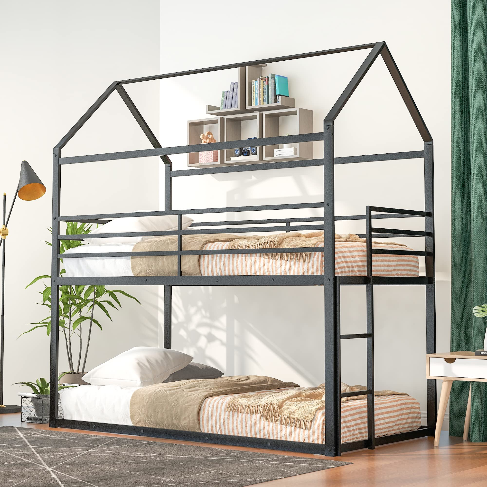 Sturdy Metal Twin Over Twin Bunk Beds for Kids with Roof - Heavy Duty Floor Bunk Bed for Boys & Girls - No Box Spring Needed - Black - Perfect for Small Bedrooms, Shared Kids Rooms & Sleepovers