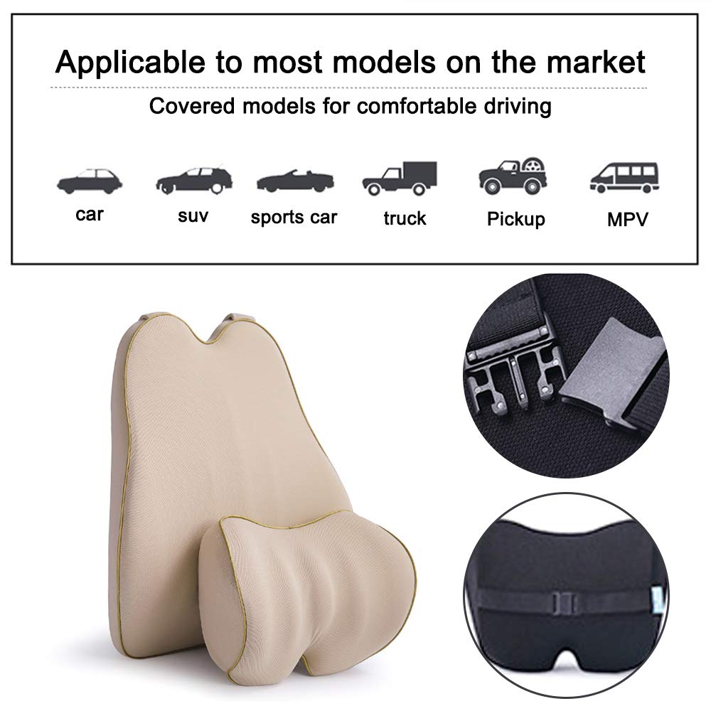 Memory Foam Car Lumbar Support Cushion & Neck Pillow Set - Pain Relief for Long Drives | Fits Suzuki Celerio, Swift, Baleno, Jimny, Vitara, S-Cross | Beige | Perfect for Road Trips & Commuting
