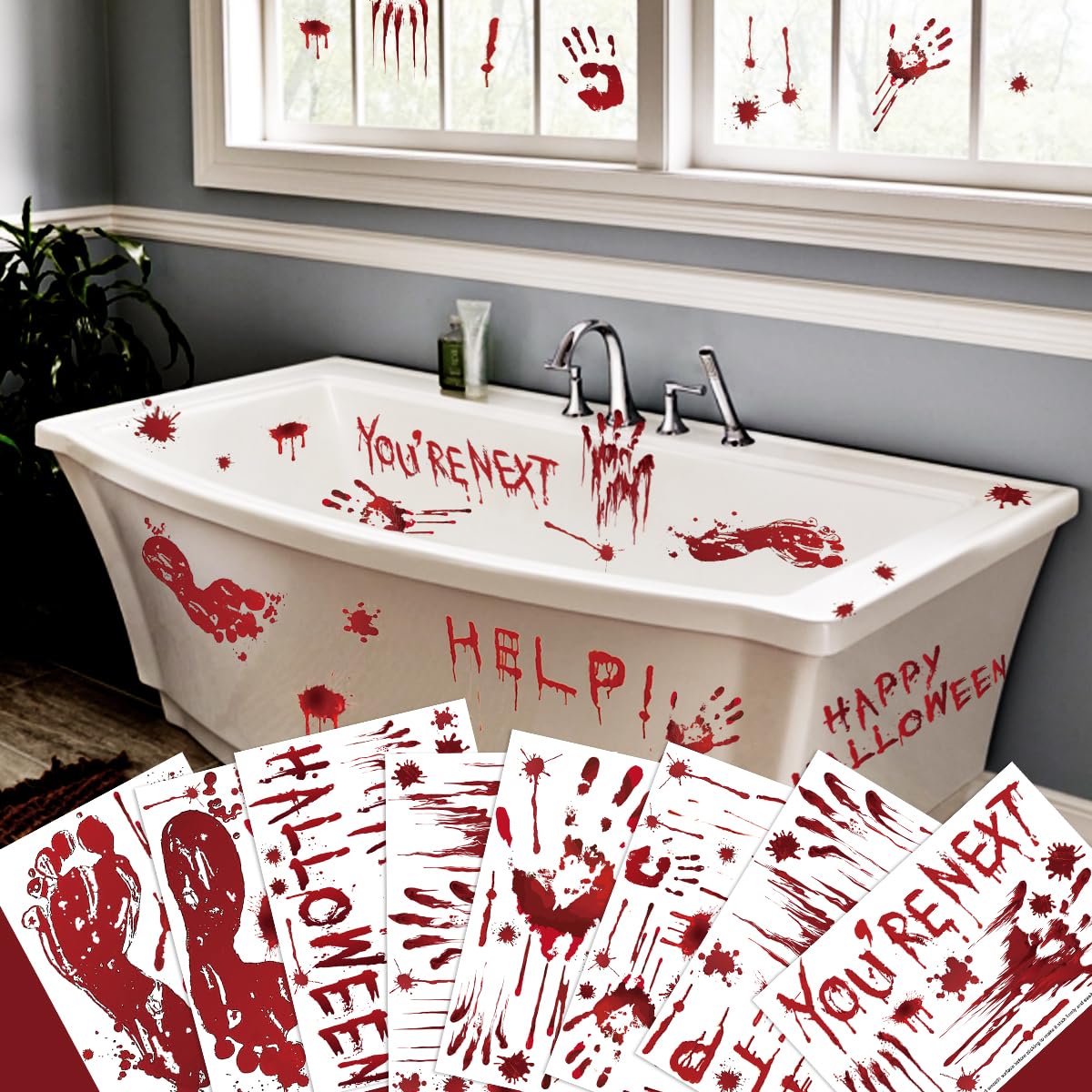 Horaldaily 100 PCS Halloween Window Cling Stickers - Bloody Handprint Decals for Home, Party, Shop Window & Glass Display - Perfect for Halloween Decorations, Spooky Party Supplies & Haunted House Themes