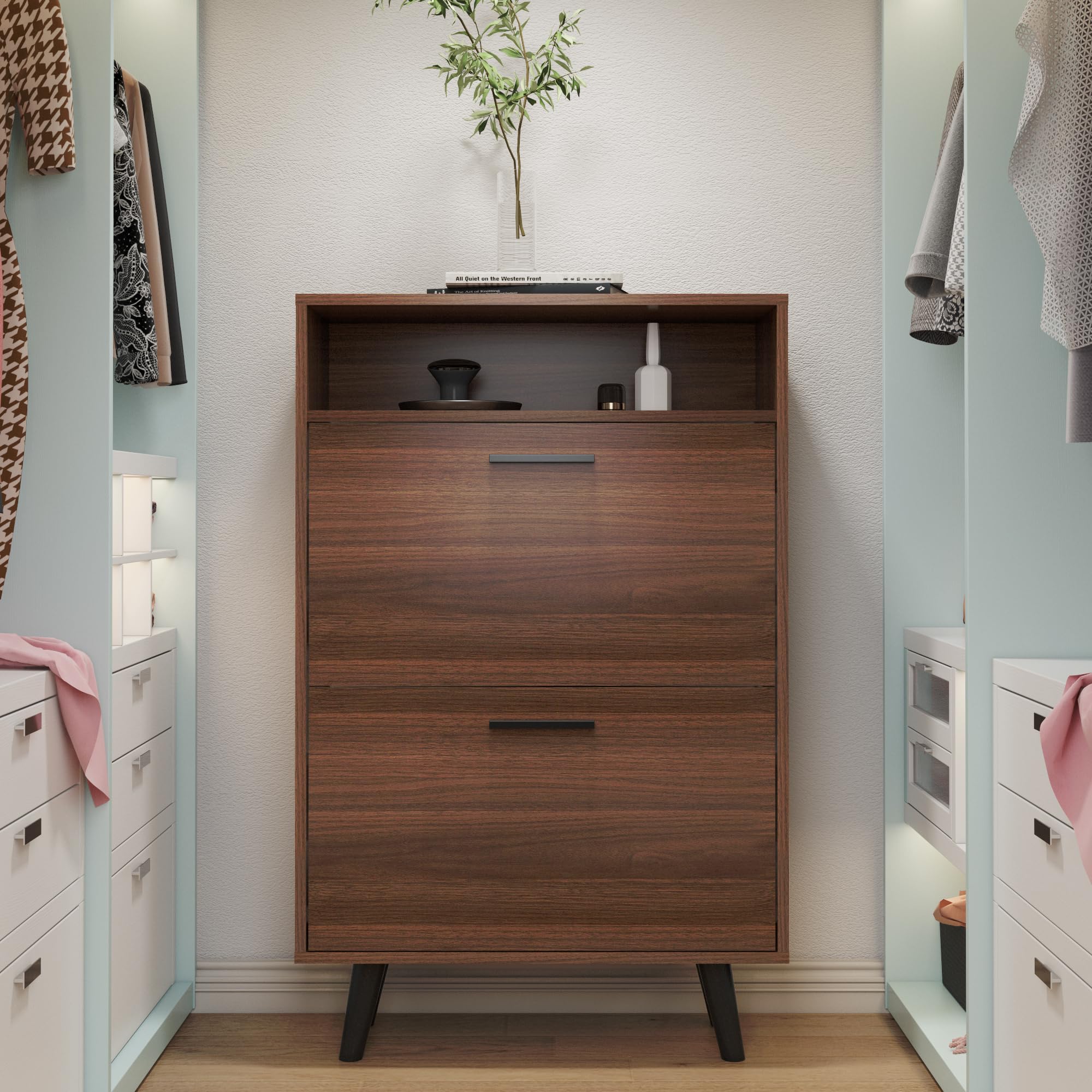 WAHEY Shoe Cabinet with 2 Flip Drawers - Freestanding Shoe Rack with Legs for Entryway, Closet & Bedroom Organization - FSSR013