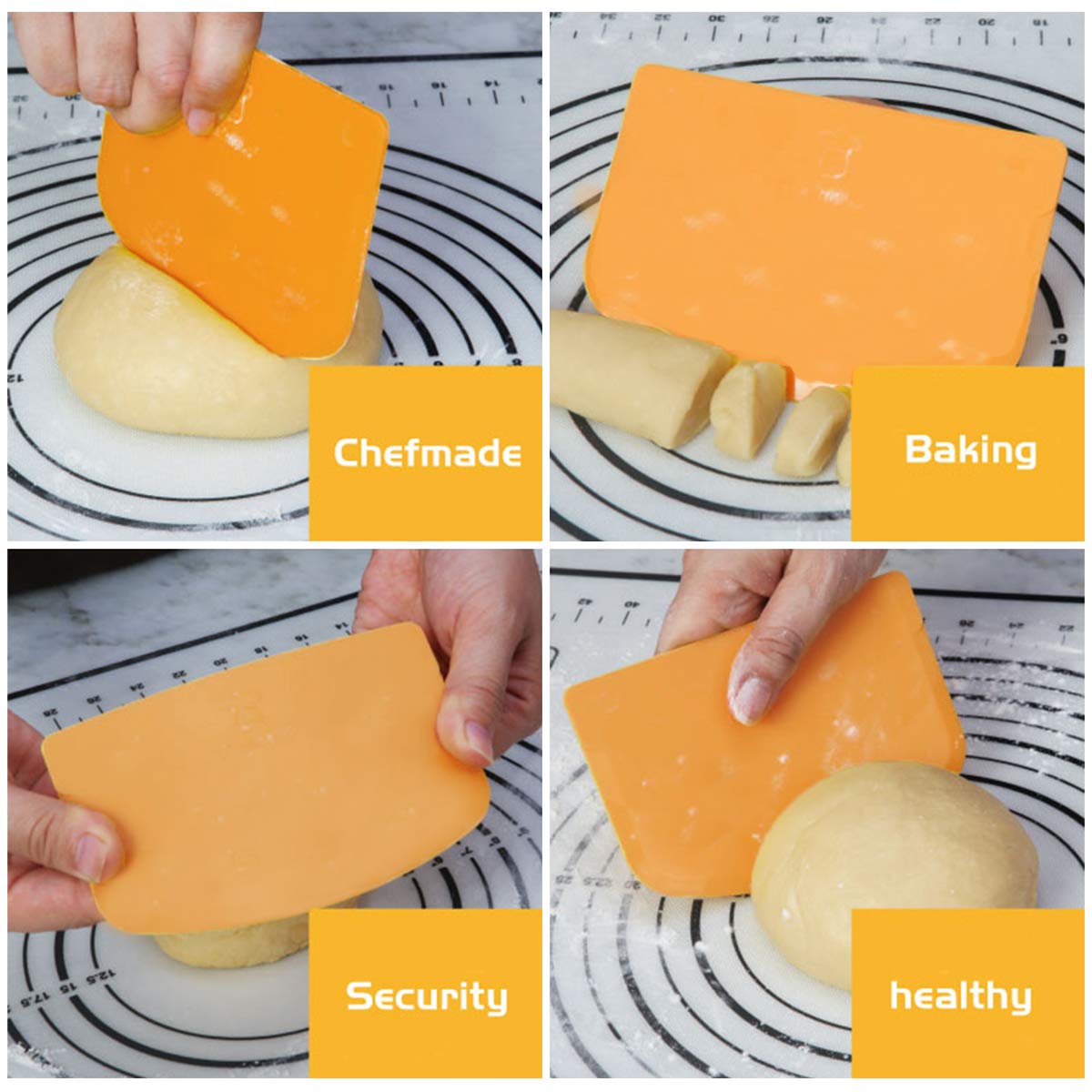 DOERDO 3-Pack Flexible Food Safe Plastic Dough Scraper - Multi-Purpose Kitchen Tool for Baking, Cutting, Cleaning & Dough Handling (Orange) - Perfect for Bakers, Chefs & Home Cooking