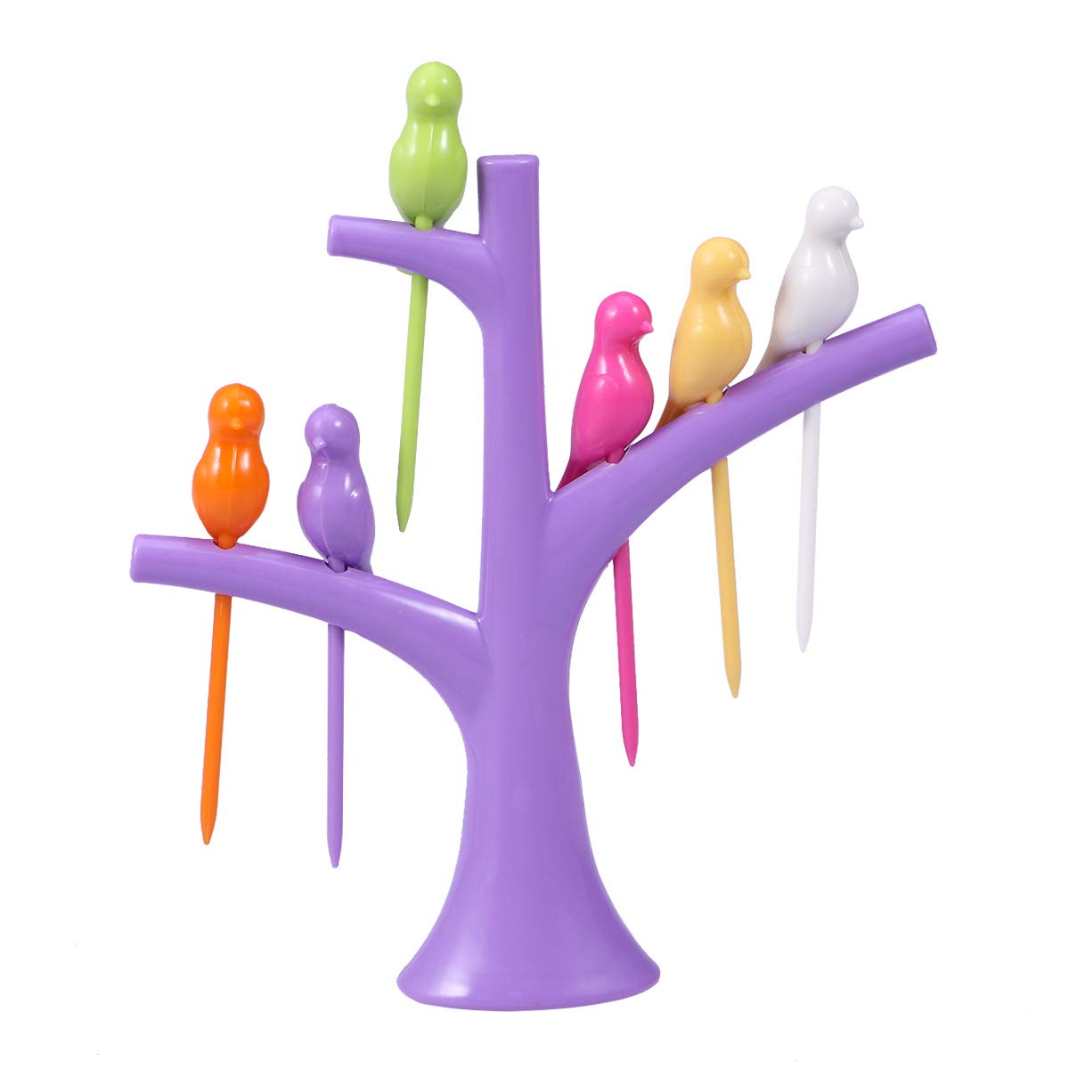 Cabilock 6PCS Bird Shaped Plastic Fruit Forks with Tree Holder - Colorful Party Toothpicks for Fruit Platters, Home Decor & Wedding Buffets (Purple) - Perfect for Baby Showers, Picnics & Holiday Gatherings