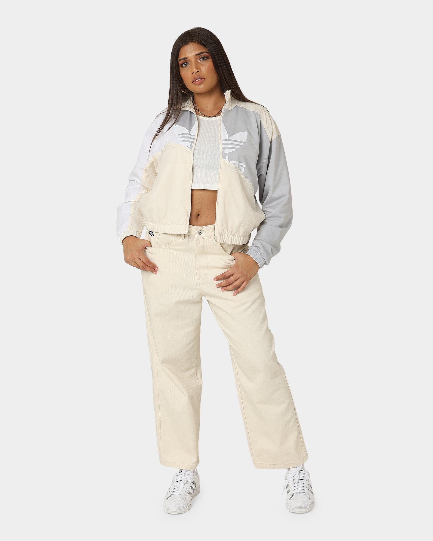 Adidas Women's Adicolor Split Trefoil Track Windbreaker Jacket - Lightweight Running Hoodie for Jogging & Outdoor Sports (Wonder White)