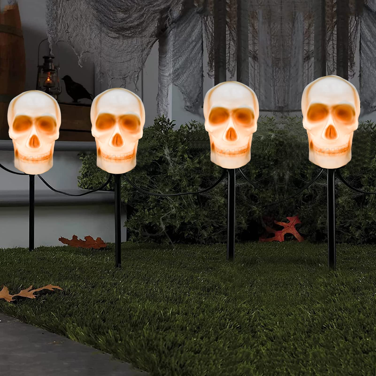 Halloween Skull Pathway Stake Lights - 7 Ft Outdoor Halloween String Lights with 4 C7 Bulbs & Stakes - Spooky Driveway Markers for Garden Walkway, Party & Holiday Decorations - Perfect for Halloween Yard Displays, Trick-or-Treat Lighting & Haunted House Themes