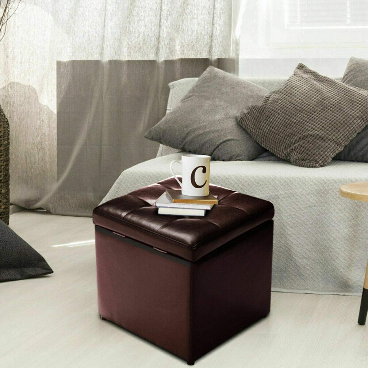 Caraya 16 Inch Brown PU Leather Storage Ottoman Pouffe Footstool - Hinged Lid Cube Box for Living Room, Bedroom & Lounge - Organize Toys, Blankets, Books - Multi-Functional Seat & Storage Solution