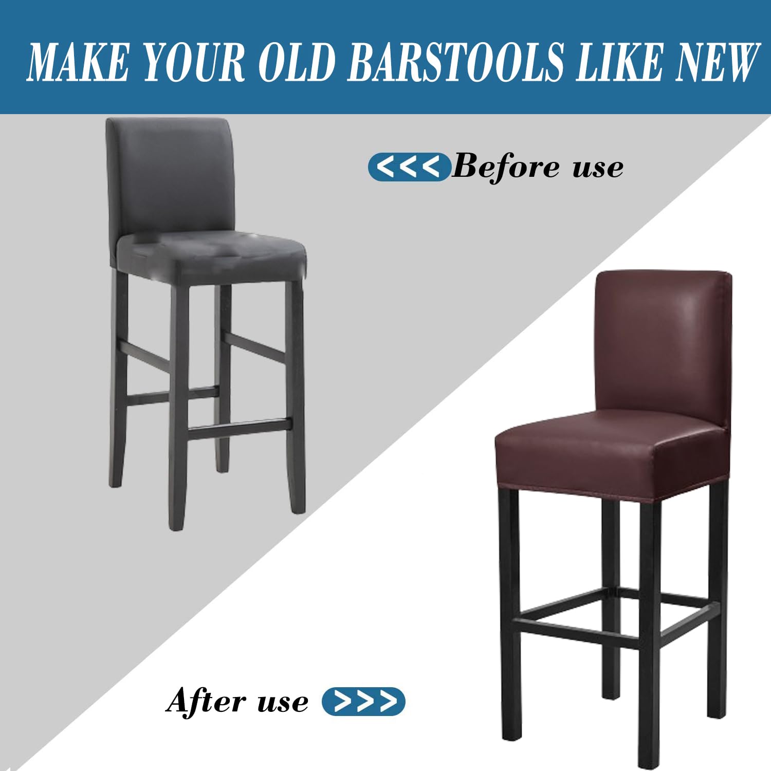 2 Pack Stretch Waterproof PU Bar Stool Covers with Backs - Removable Elastic Slipcovers for Pub, Counter & Coffee Shop Chairs - Durable & Easy to Clean Seat Protectors for Home & Commercial Use