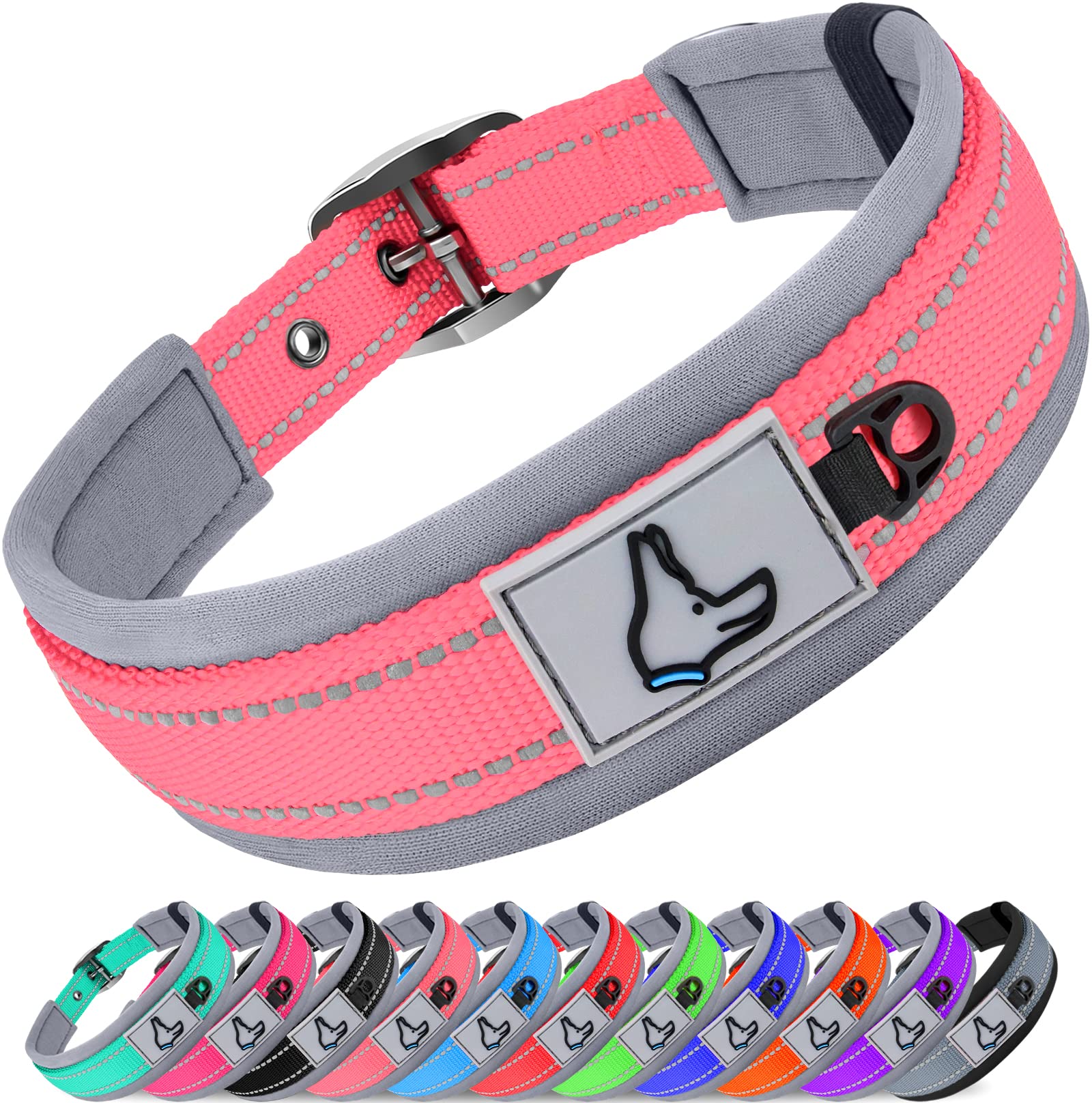 Joytale Adjustable Neoprene Padded Dog Collar for Medium Dogs - Reflective Heavy Duty Pet Collar with Metal Buckle - Comfortable Walking & Training Collar (Pink, Medium) - Perfect for Daily Walks, Outdoor Adventures & Nighttime Safety