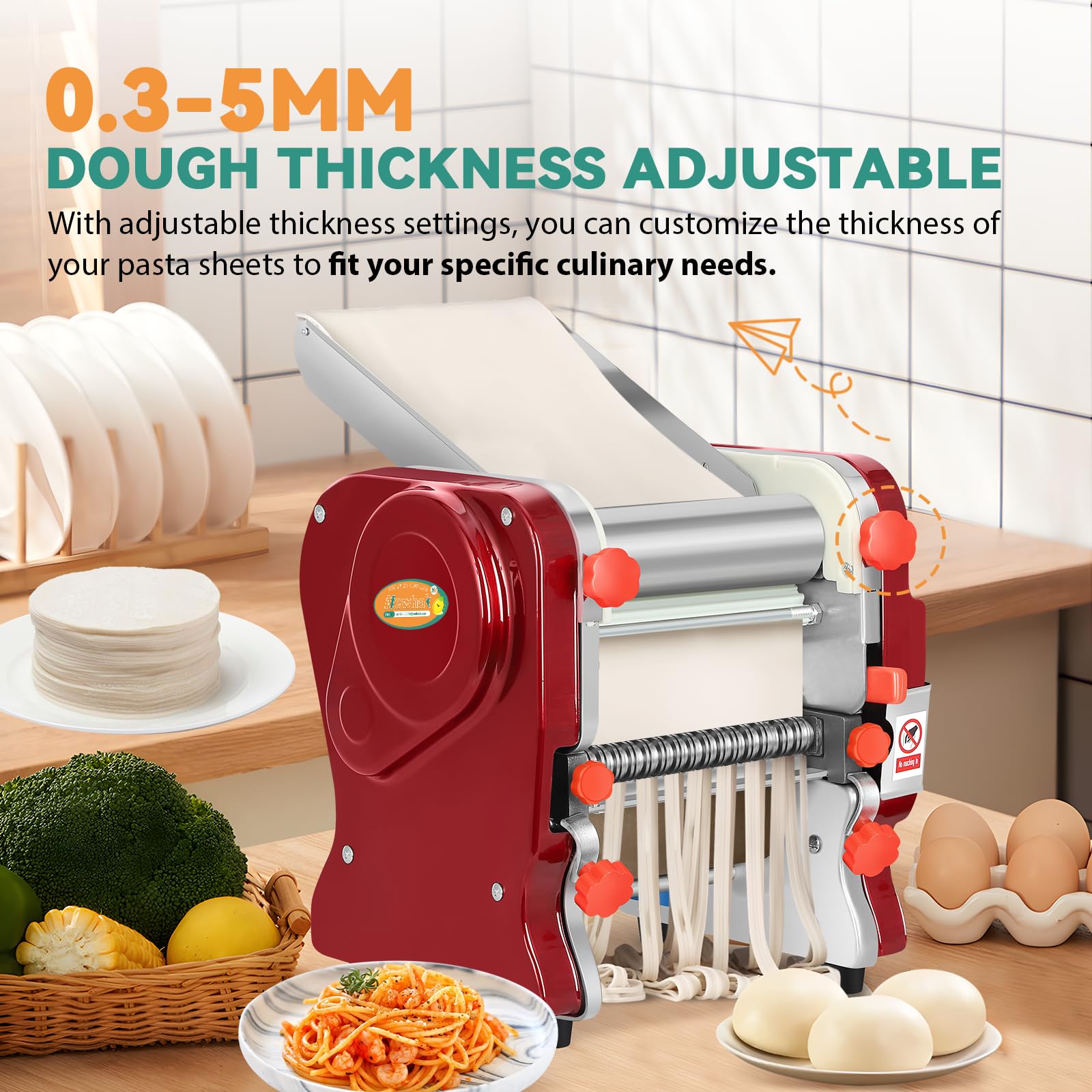 Commercial Electric Pasta Maker Machine - 550W Heavy Duty Automatic Noodle & Dough Press with 2mm/6mm Dual Blades - Stainless Steel Pasta Roller for Italian Cuisine, Home Kitchen & Restaurant Use