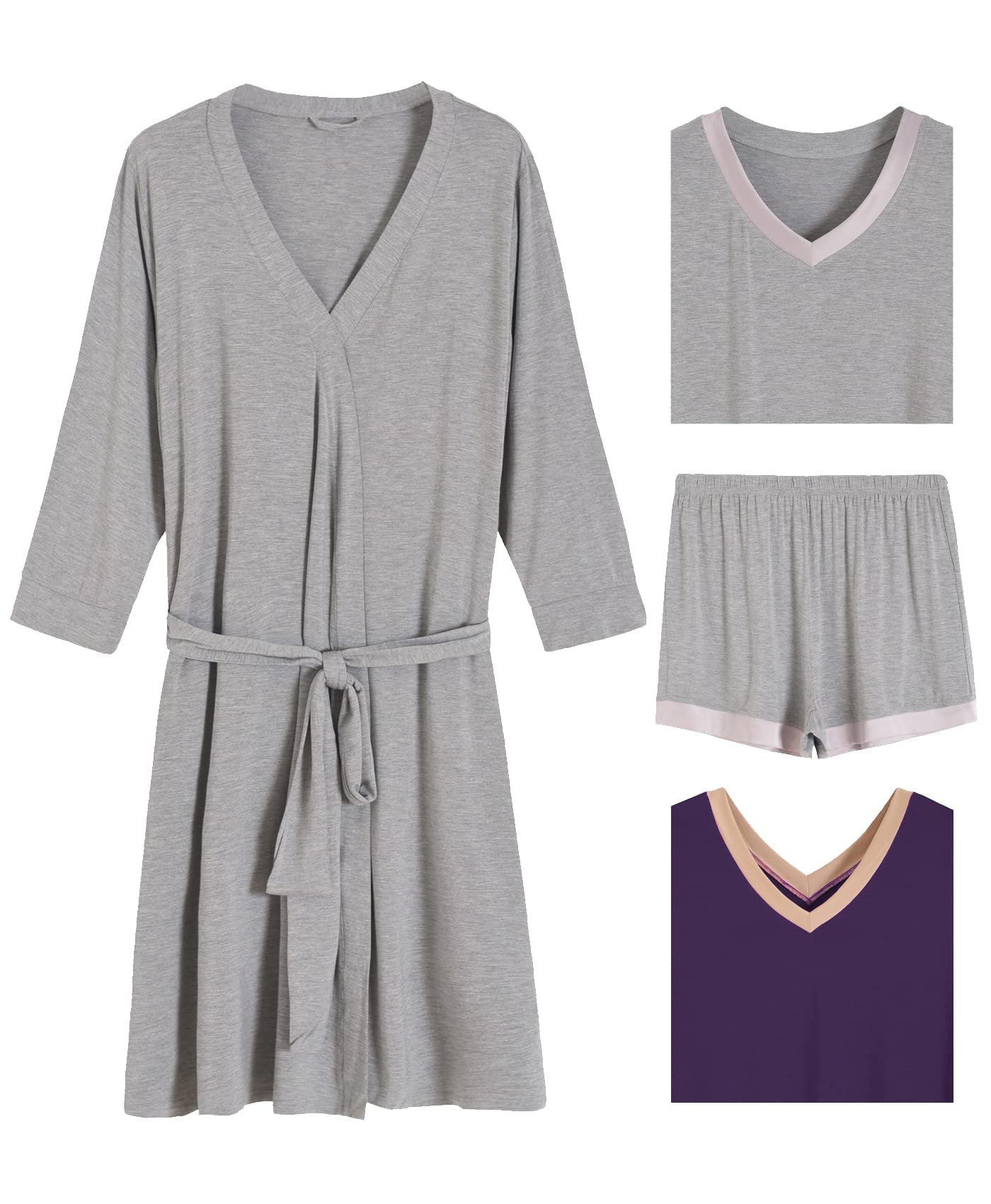 Women's 4-Piece Bamboo Viscose Pajama Set with Nightgown & Robe - Soft Sleepwear for Comfortable Nights & Relaxing at Home