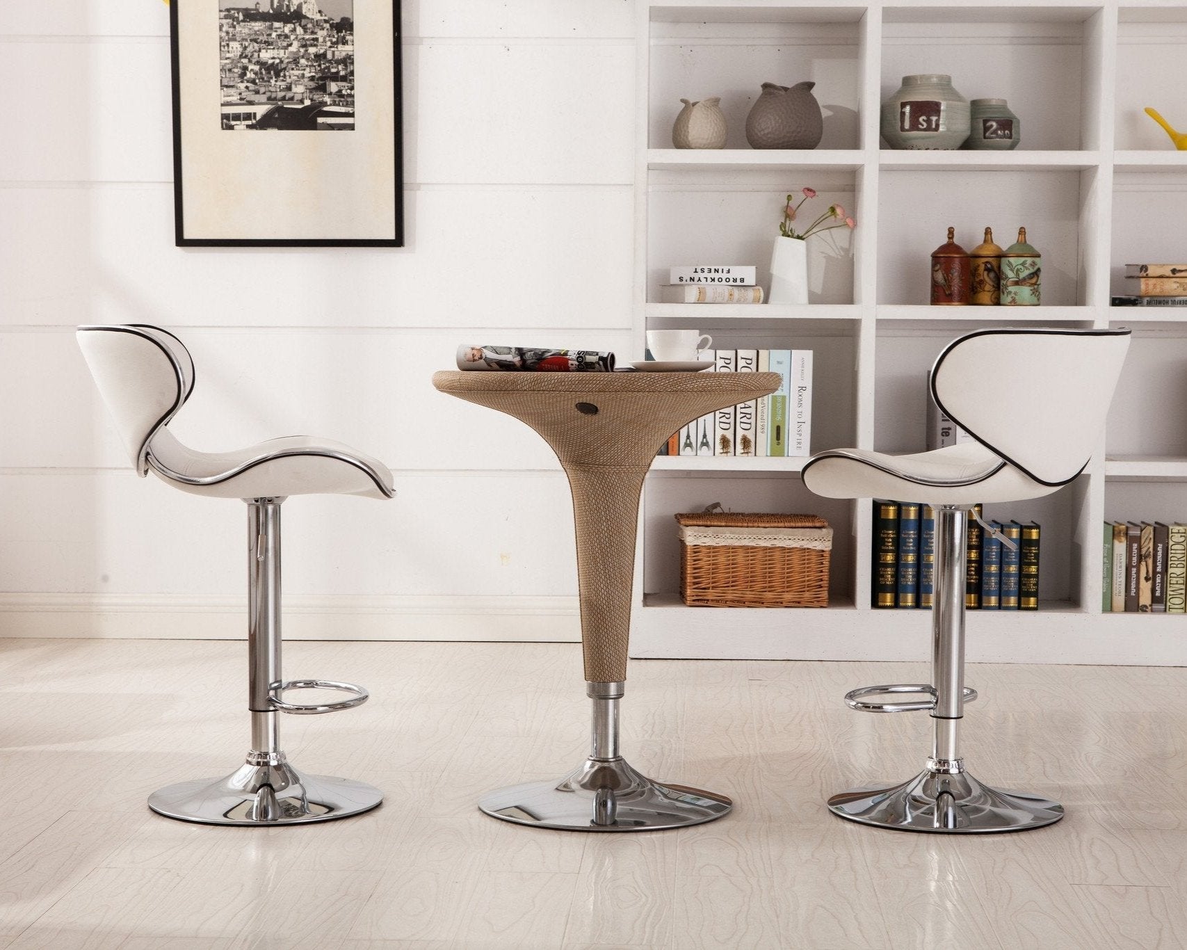 Roundhill Furniture Masaccio Faux Leather Adjustable Swivel Bar Stools - Set of 2, White - Perfect for Kitchen Islands, Home Bars & Modern Dining Areas