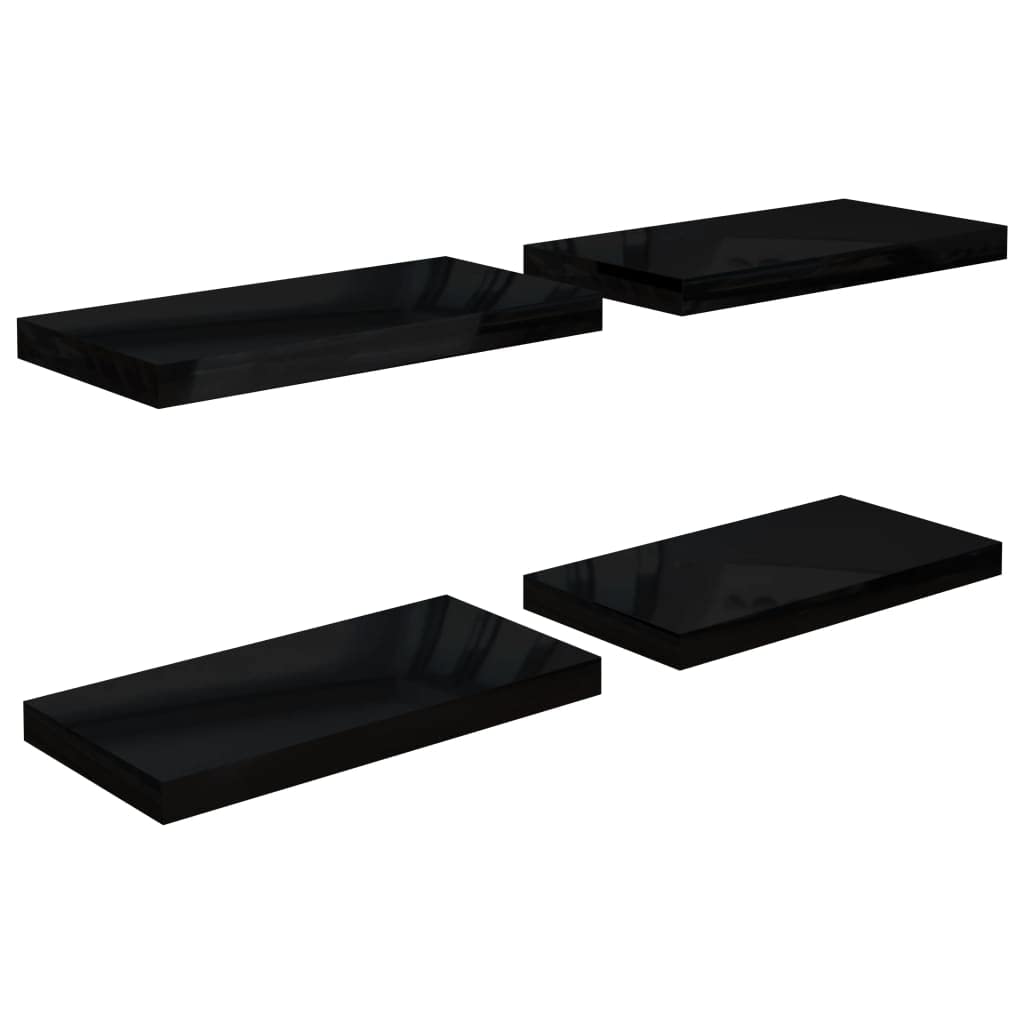 Floating Wall Shelves Set of 4 - Modern High Gloss Black MDF Shelves 19.7