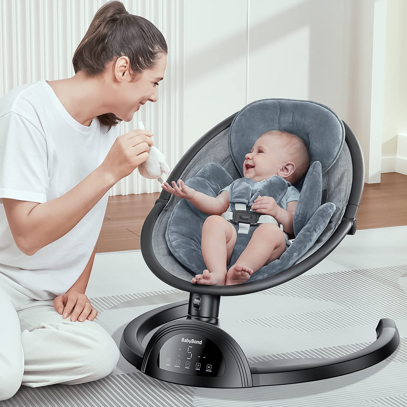 BabyBond Bluetooth Baby Swing for Infants - 5 Speed Adjustable with Music Speaker, 3 Reclining Positions & Remote Control - Safe 5-Point Harness for Newborns to Toddlers - Perfect for Nursery, Travel & Outdoor Use (Black)