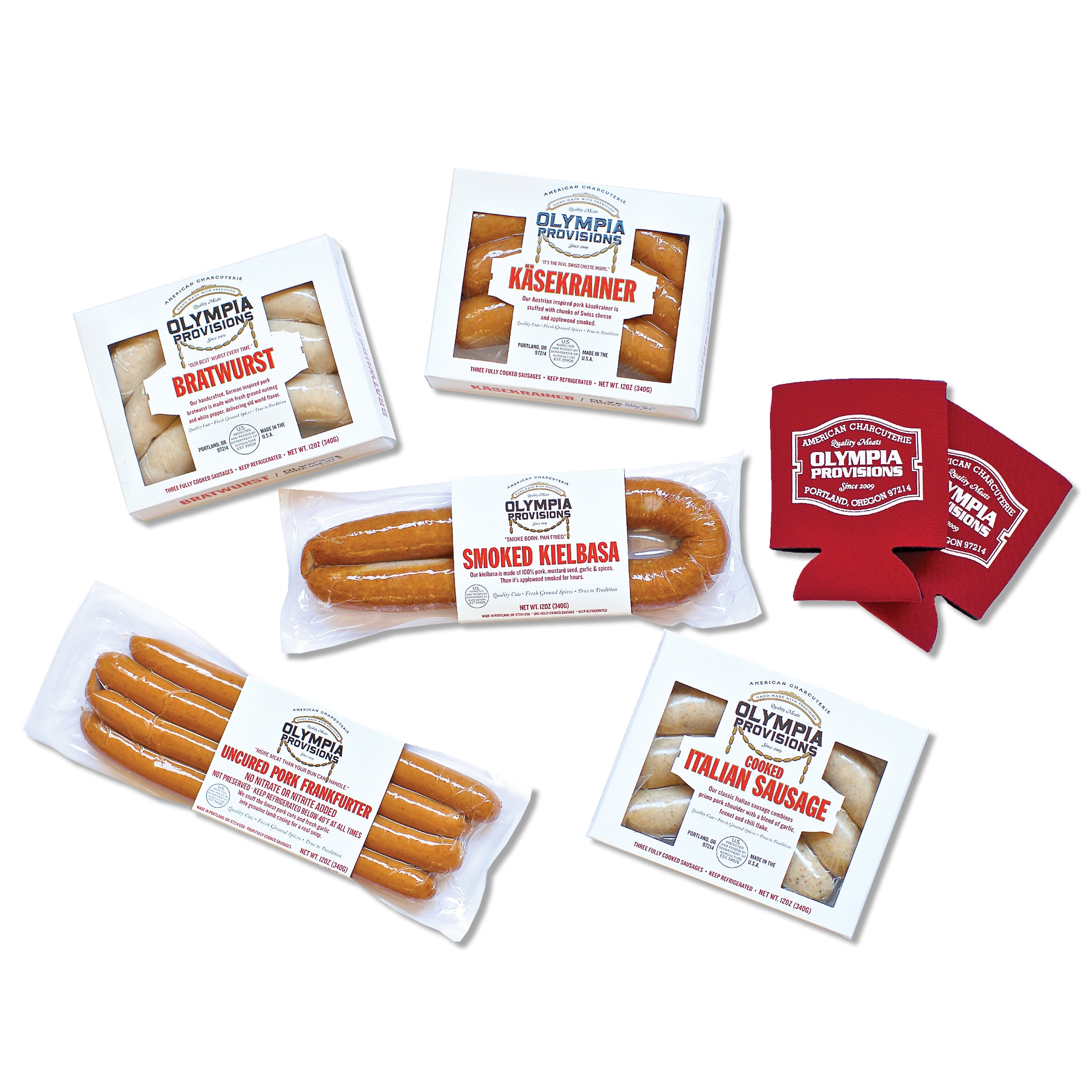 Olympia Provisions Sausage Fest & Beer Koozie Gift Set - Premium Sausage & Beer Accessories for BBQ, Tailgating & Outdoor Parties
