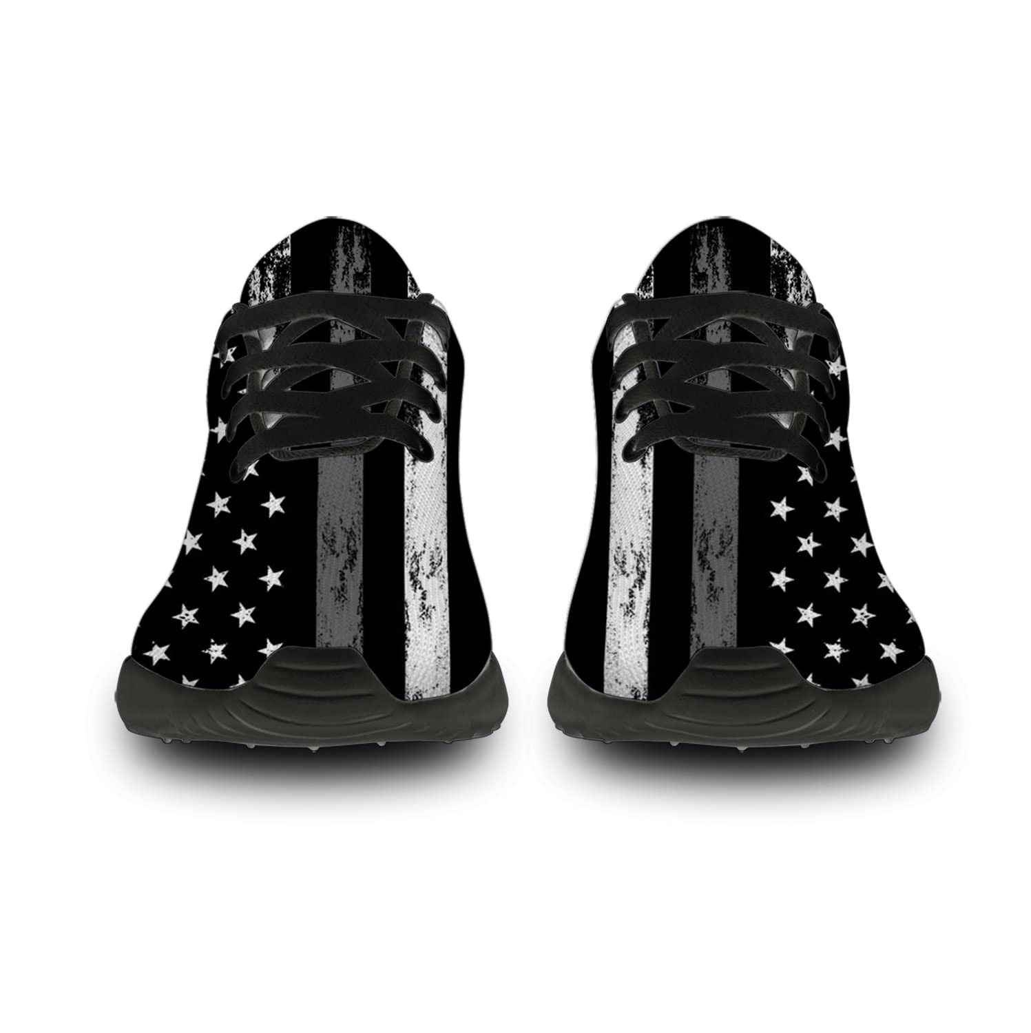 Patriotic American Flag Print Running Shoes for Men & Women - Thin Gray Line Walking Tennis Sneakers - Size 13 Men/15.5 Women in Black - Perfect for Jogging, Gym Workouts & Patriotic Events