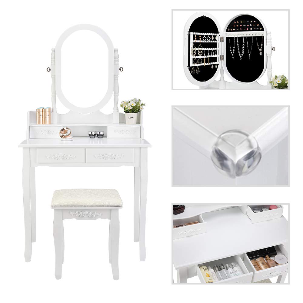 Bonnlo Modern White Vanity Set with 4 Drawers & Jewelry Organizer - Makeup Dressing Table with Cushioned Stool for Bedroom, Bathroom or Dorm Room | Perfect for Cosmetics Storage & Beauty Routine