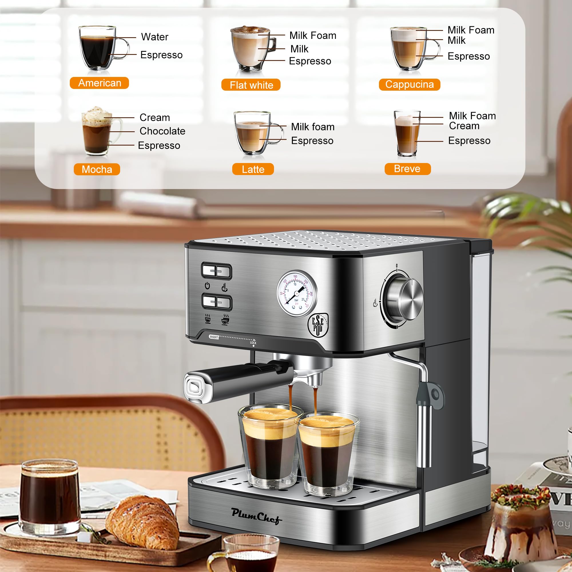 20 Bar Professional Espresso Machine with Milk Frother - Dual Shot Coffee Maker for Home Baristas, Compatible with ESE Pods, Pressure Gauge & 54oz Removable Water Tank - Perfect for Lattes, Cappuccinos & Home Coffee Shops (Silver)