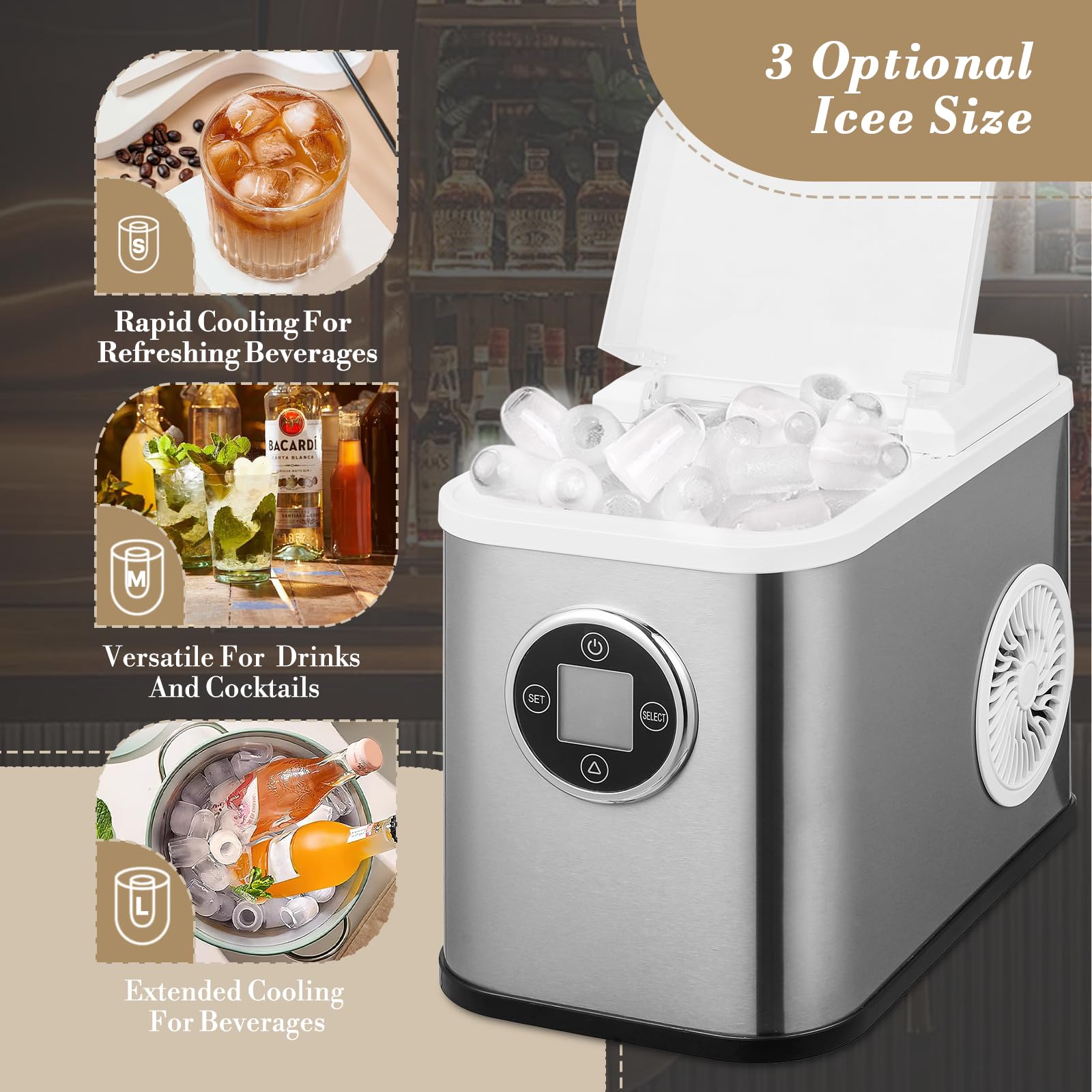 Portable Countertop Ice Maker Machine - 26lbs/24Hrs, 9 Bullet Ice in 10 Mins, Self-Cleaning with Scoop & Basket - 3 Ice Sizes for Home, Kitchen, Office, Party, RV - Perfect for Cocktails, Beverages & Outdoor Activities (White)