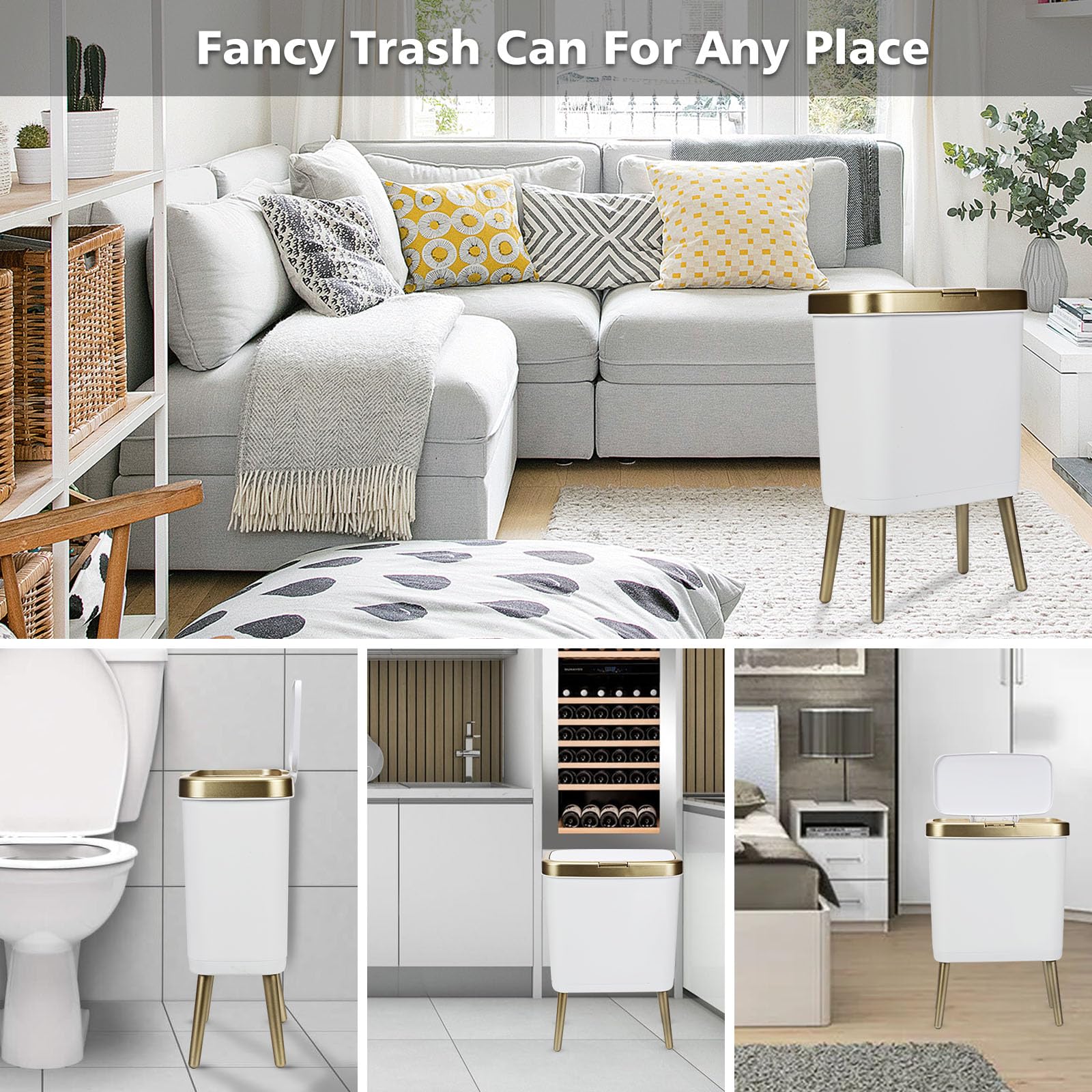 4 Gallon Slim Gold Bathroom Trash Can with Lid - Modern White Plastic Waste Basket with Legs for Kitchen, Bedroom, Living Room & Office | Perfect for Small Spaces & Home Decor