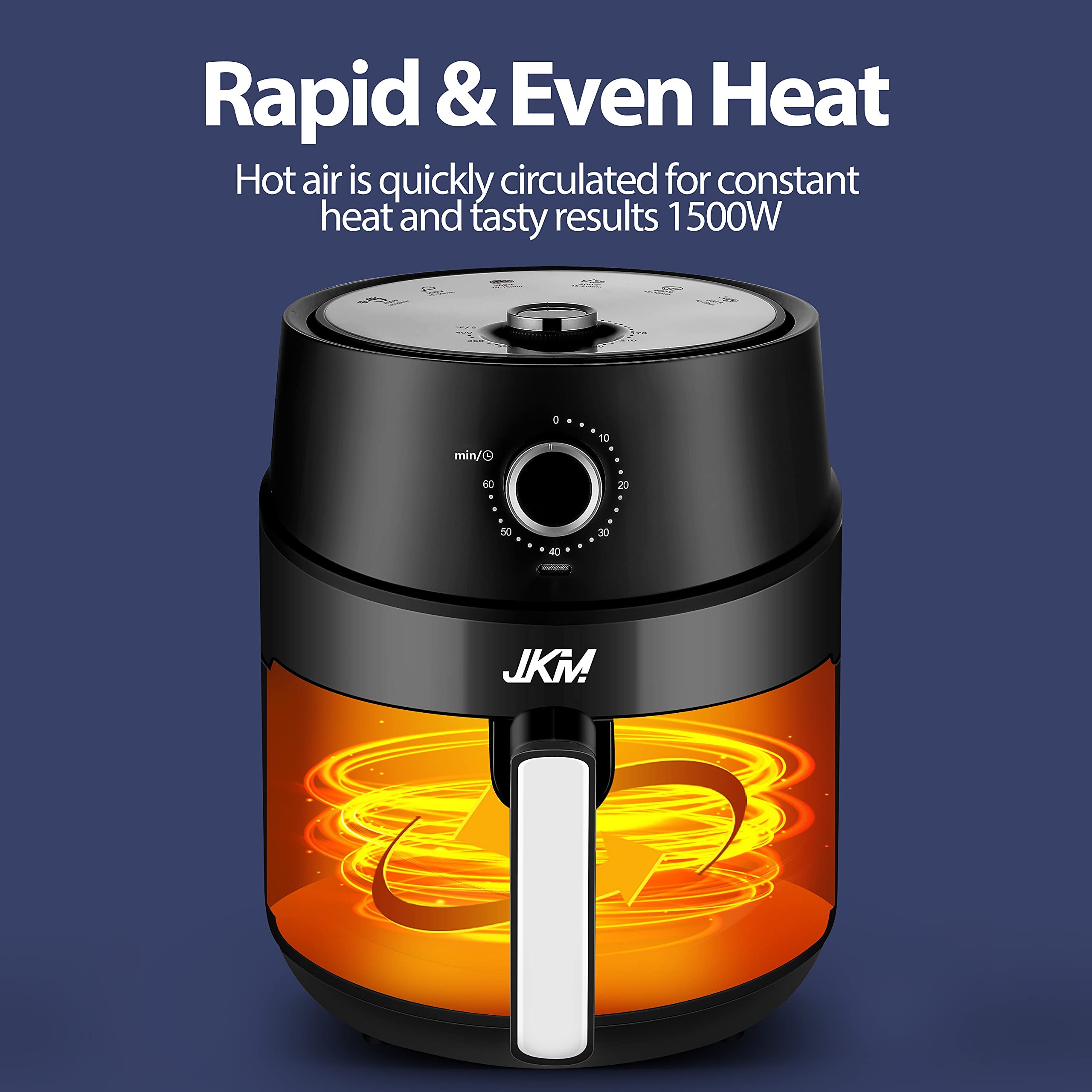 JKM 4.7 Quart Air Fryer - 1500W Mechanical Air Fryer Oven with Adjustable Temperature & Timer, Oil-Free Cooking, Auto Shut Off, Black - Perfect for Healthy Frying, Baking, Roasting for Family Meals & Parties