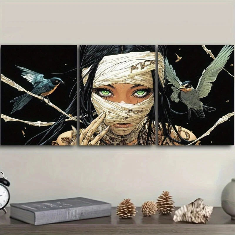 3-Piece Abstract Cartoon Woman Art Print with Stunning Green Eyes - Metal Wall Decor Ready to Hang - Perfect for Living Room, Bedroom & Office Decor