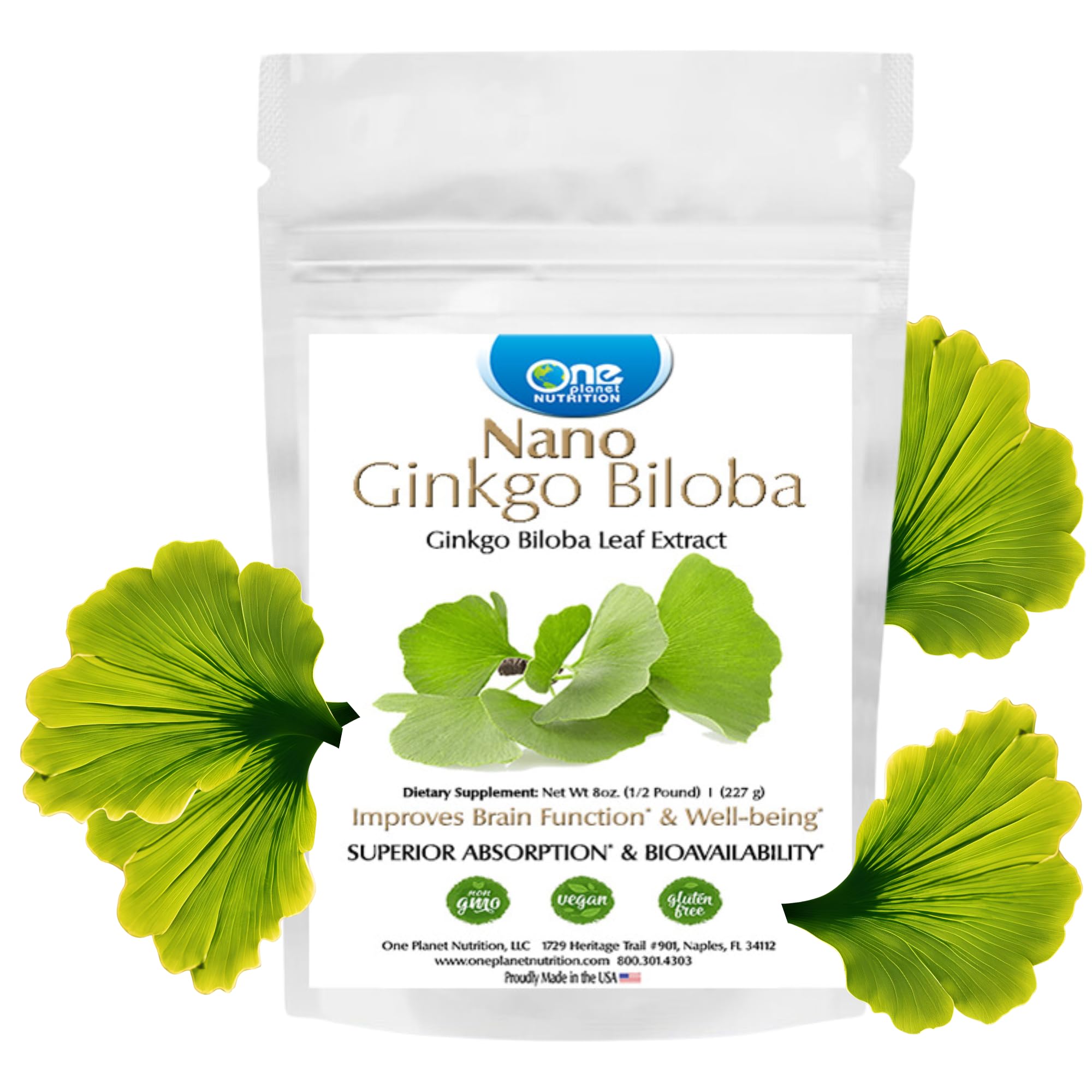 Nano Ginkgo Biloba Powder 8 oz (227 Servings) - Premium Ginkgo Biloba Extract for Enhanced Absorption | Supports Cognitive Function & Blood Circulation | Non-GMO, Vegan, Gluten Free Supplement | Perfect for Memory Boost & Focus Enhancement