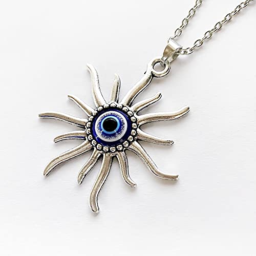 NVTHINH Fashion Sunflower Blue Evil Eye Pendant Beaded Necklace - Lucky Charm Turkish Jewelry Gift for Women, Perfect for Boho Style, Beach Outfits & Spiritual Protection
