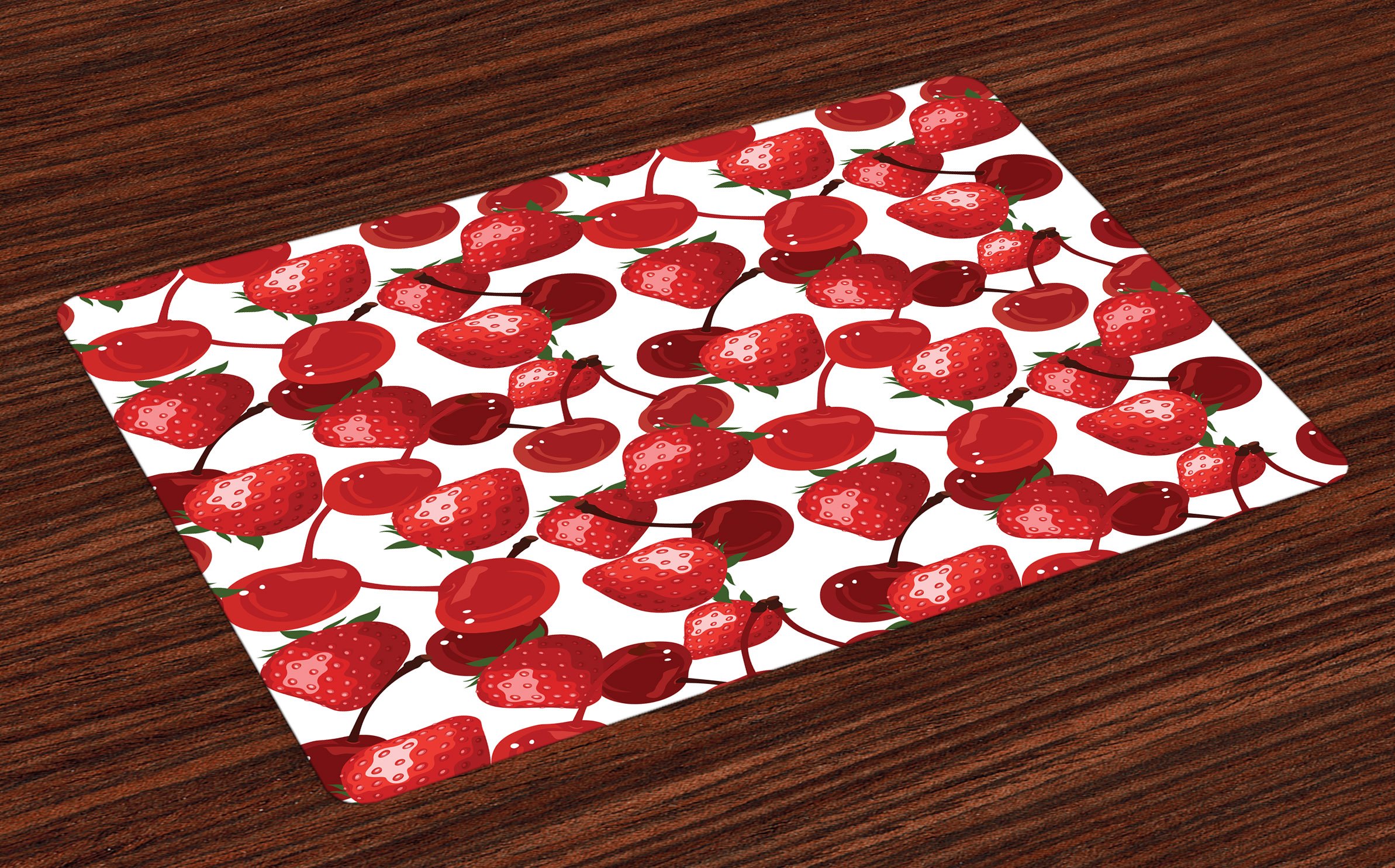 Ambesonne Summer Placemats Set of 4 - Strawberry Cherry Fruit Design Washable Fabric Table Mats for Dining Room, Kitchen, Picnic - Burgundy White & Green Standard Size Place Mats for Home Decor & Outdoor Entertaining