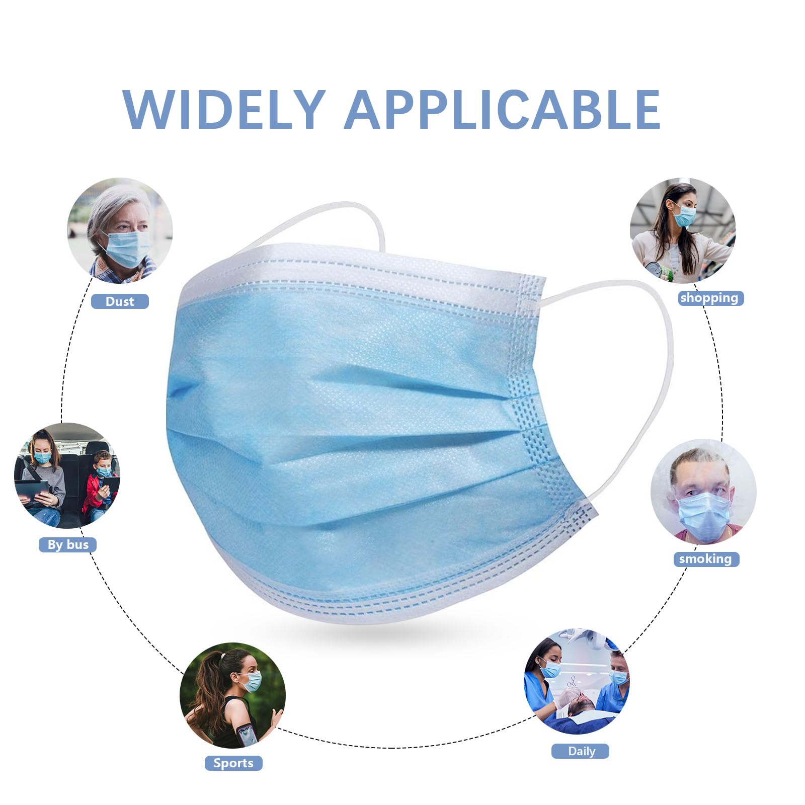 100 Pcs Blue Disposable 3-Ply Earloop Face Masks for Adults - Comfortable & Breathable Protection - Perfect for Daily Use, Travel, and Public Safety