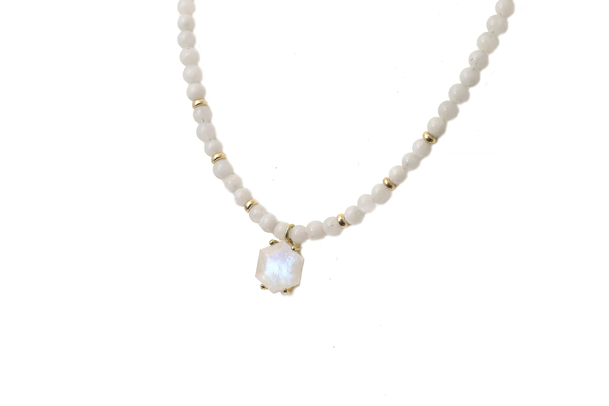 Rainbow Moonstone Hexagon Pendant Beaded Necklace - June Birthstone Jewelry for Women - Handmade Gemstone Necklace for Everyday Wear, Gift Giving & Spiritual Healing
