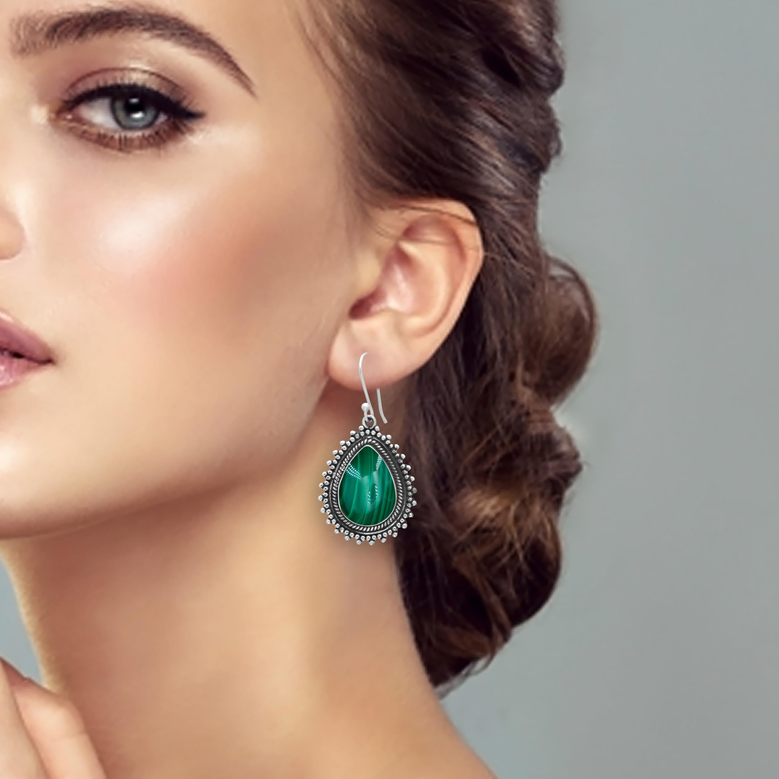 Veracity Jewelry 925 Sterling Silver Malachite Earrings for Women | Handmade Green Gemstone Dangle Earrings | VSE-530 | Perfect for Weddings, Parties & Everyday Wear