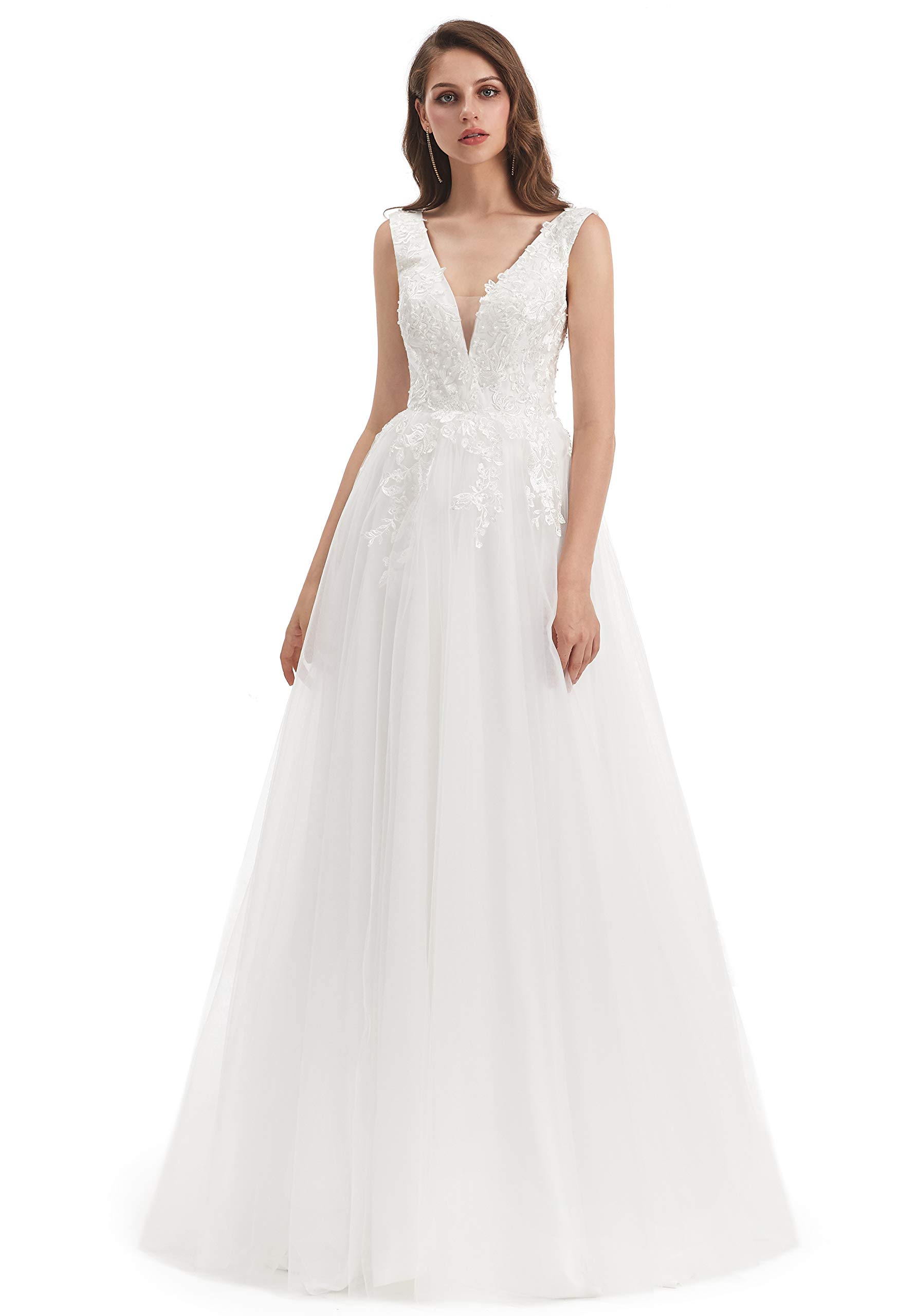 Elegant Women's V-Neck Pearl Applique Sleeveless Wedding Dress for Beach Brides | Perfect for Destination Weddings, Summer Ceremonies & Tropical Vacations