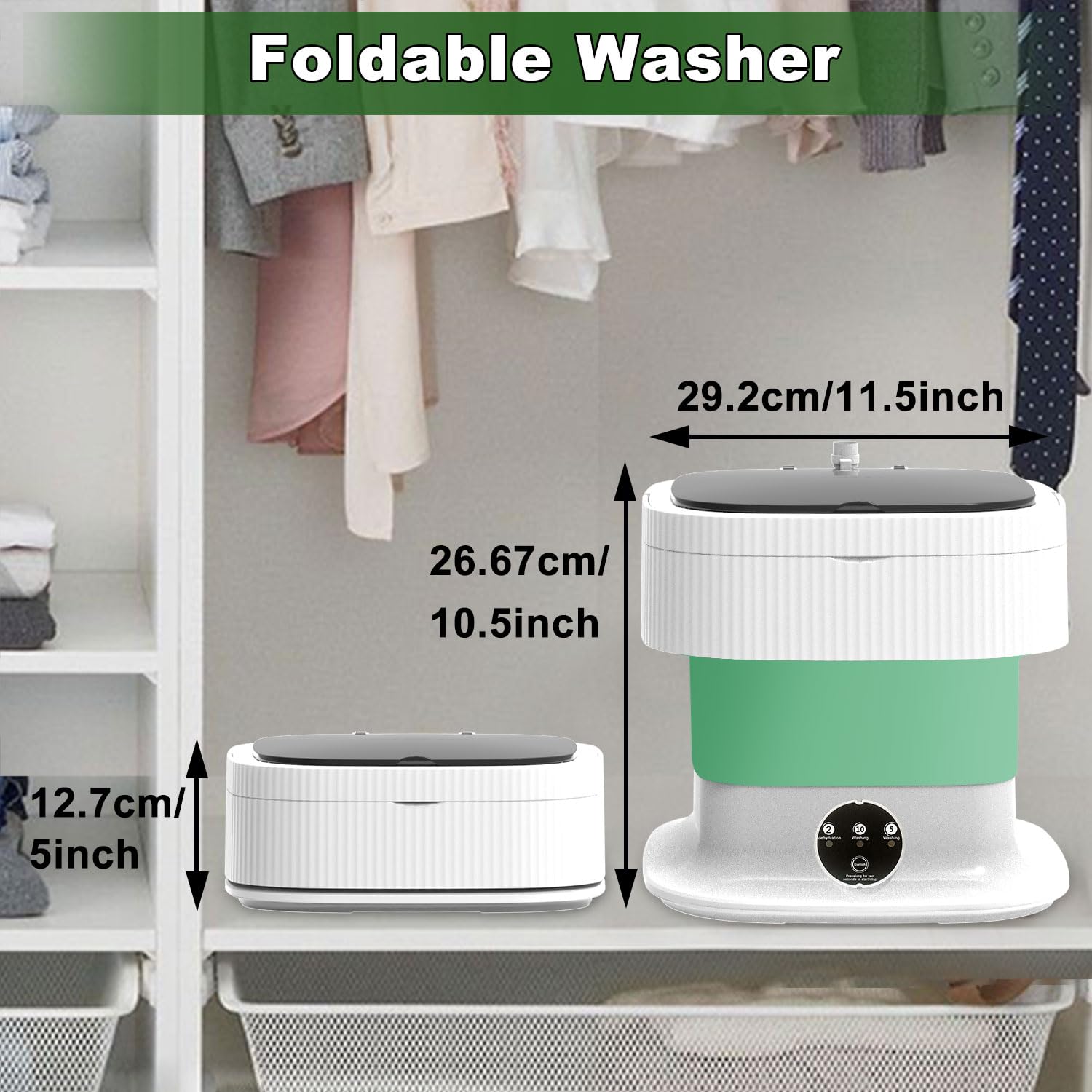 Mini Portable Washing Machine 16L with Spin Dryer - Foldable Travel Washer for Camping, RV, Dorms & Apartments | Green Compact Laundry Solution