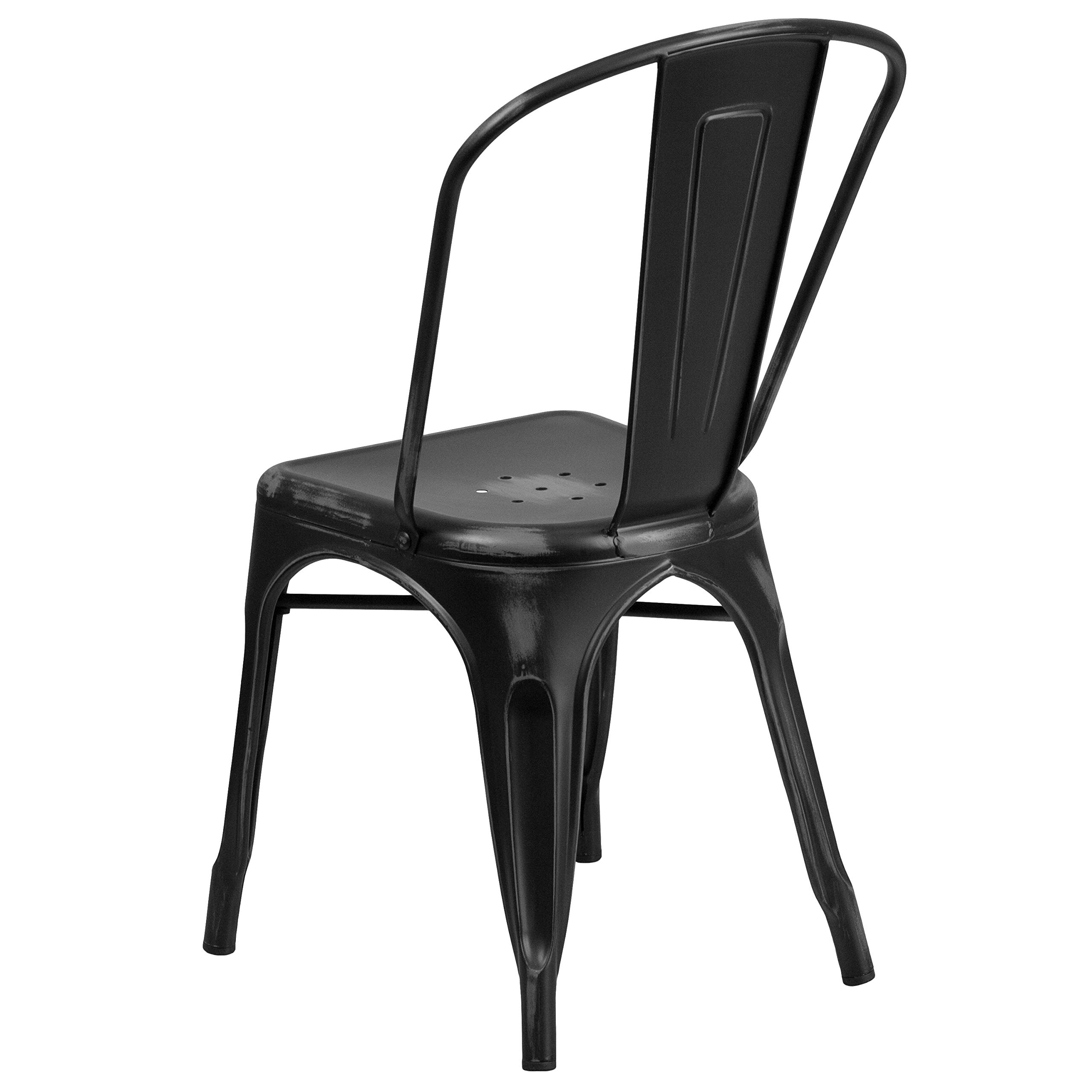 4 Pack Distressed Black Metal Stackable Chairs for Indoor & Outdoor Use - Rustic Kitchen Dining Chairs, Patio Furniture, Restaurant & Cafe Seating