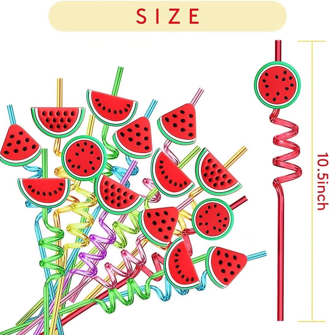 24 Pack Reusable Plastic Fruit Straws - Cartoon Watermelon Juice Drinking Straws for Kids, Party, Birthday, Art & DIY Projects | Eco-Friendly Spiral Straws for Smoothies, Cocktails & Fun Drinks