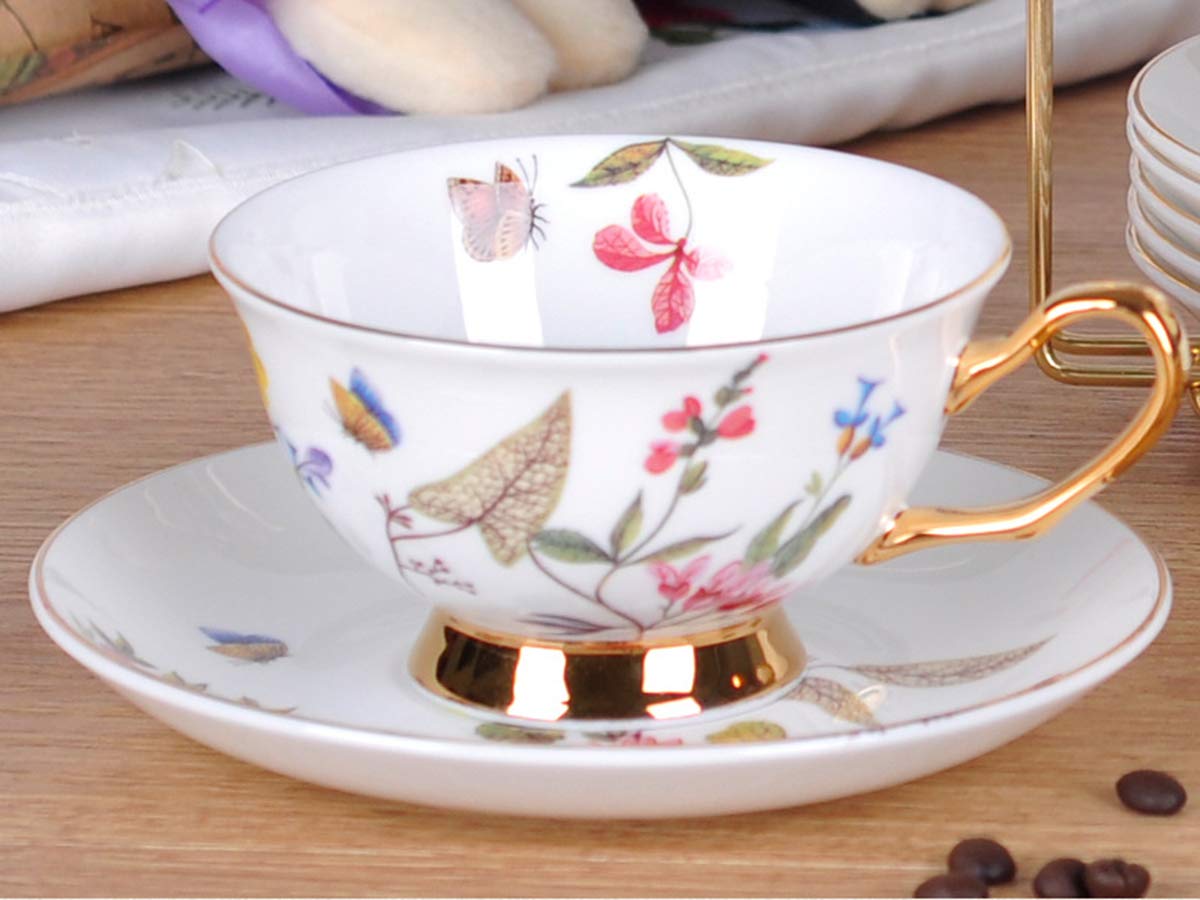 Elegant Bone China Tea Cup and Saucer Set - Vintage Rose Floral Coffee Cup Collection, Perfect for Afternoon Tea, Bridal Shower Gifts & English Tea Party Decor (Butterfly Design)