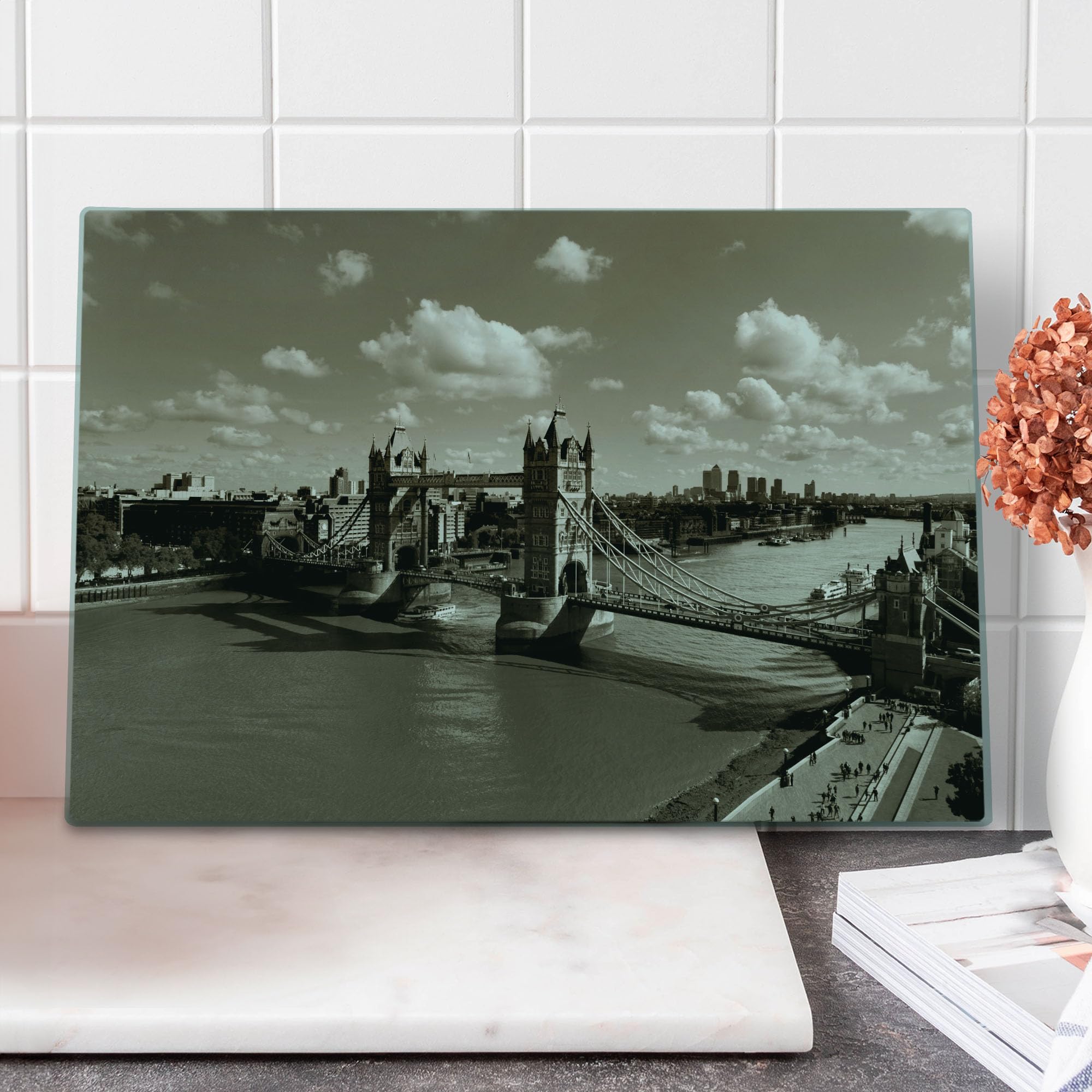 Ambesonne London Tower Bridge Tempered Glass Cutting Board - Large Size Sepia White - Decorative Serving Board for Kitchen, Dining & Travel - Perfect for Cheese, Charcuterie & Entertaining