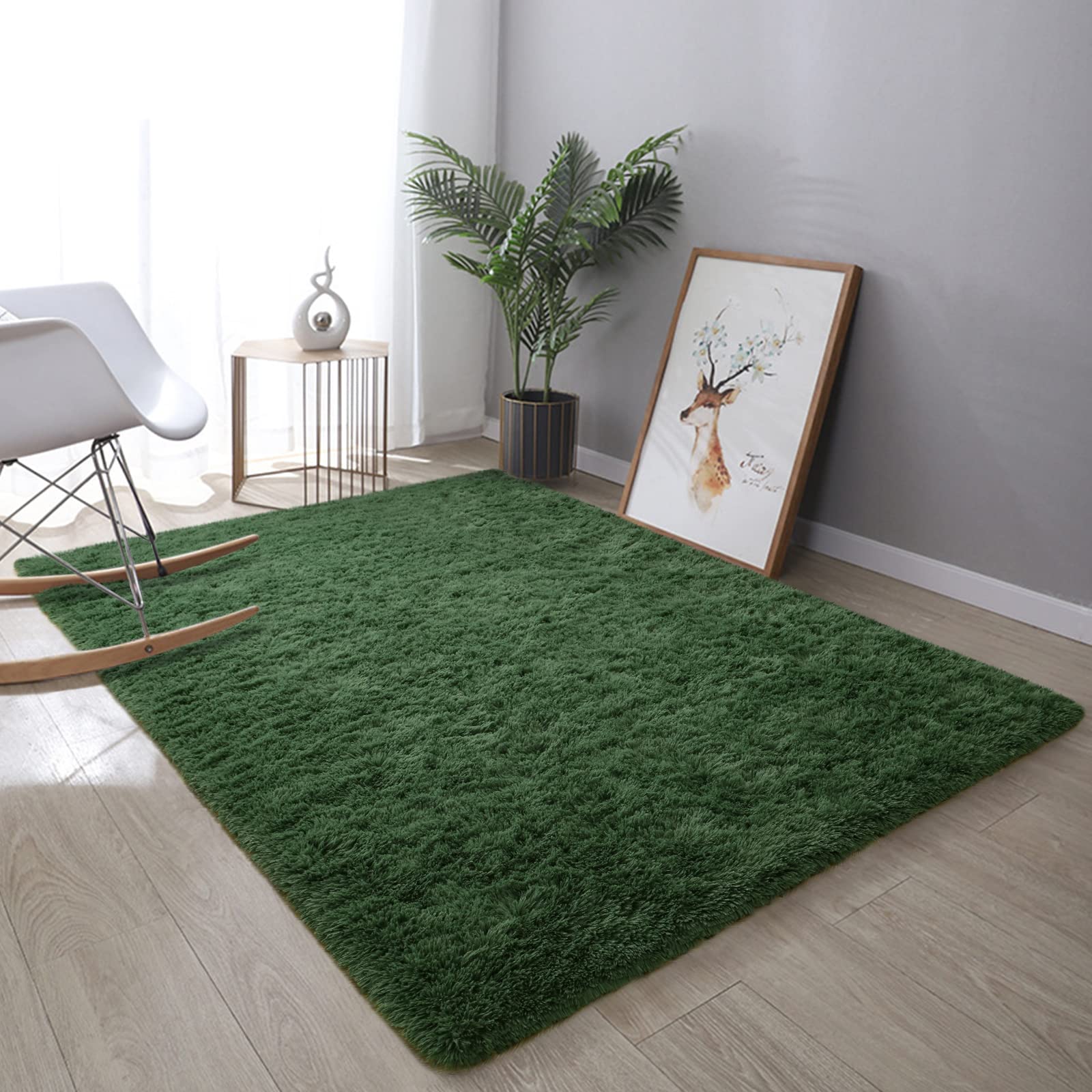 DweIke Fluffy Dark Green Shaggy Area Rug - 4x6 Feet Soft Plush Carpet for Bedroom, Living Room, Nursery | Non-Slip Washable Floor Mat for Kids, Boys & Girls | Perfect for Cozy Home Decor, Playroom & Baby Room
