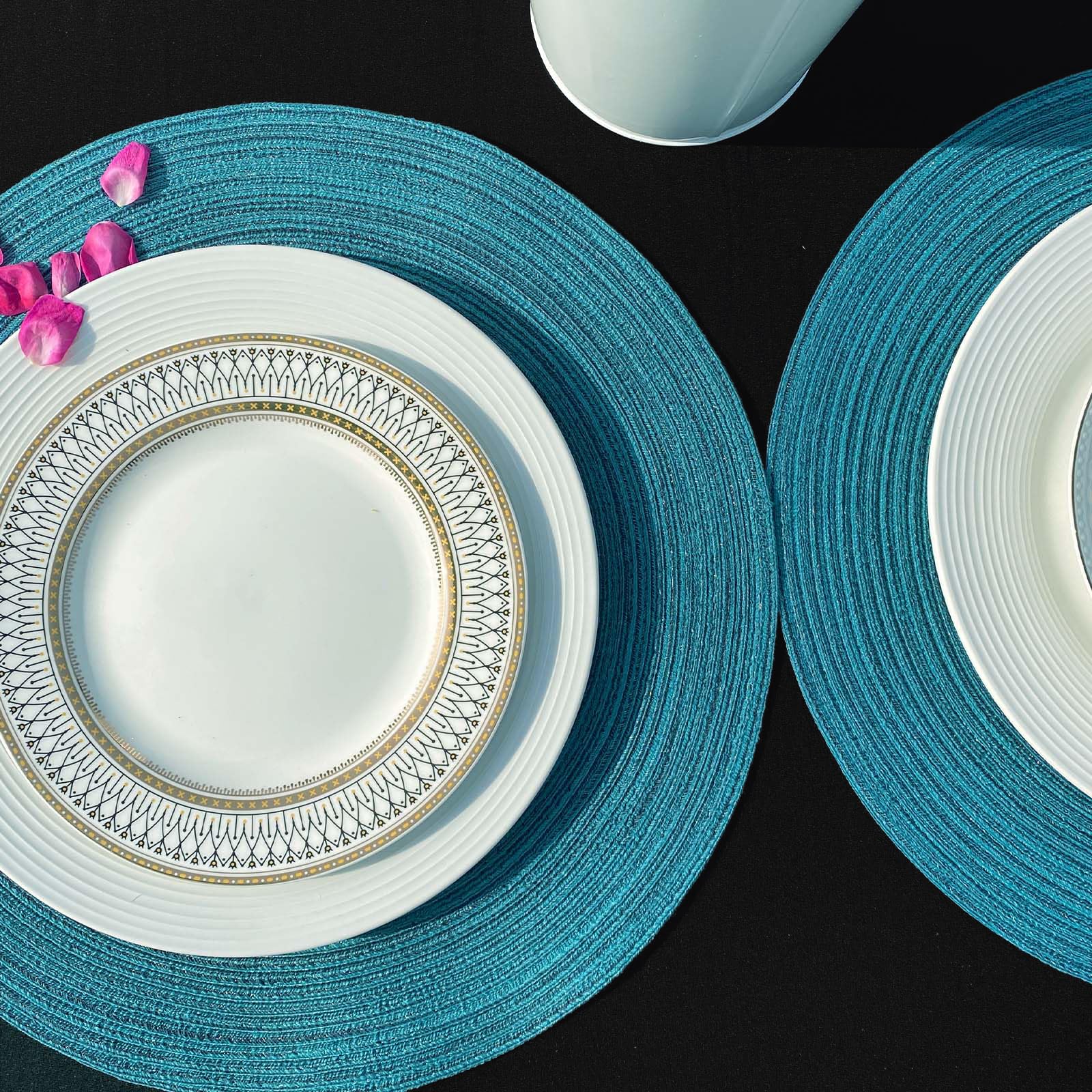 FunWheat Round Braided Placemats Set of 4 - Heat Resistant Woven Table Mats for Dining - 15 Inch Teal Placemats - Perfect for Dinner Parties, Family Gatherings & Holiday Decor