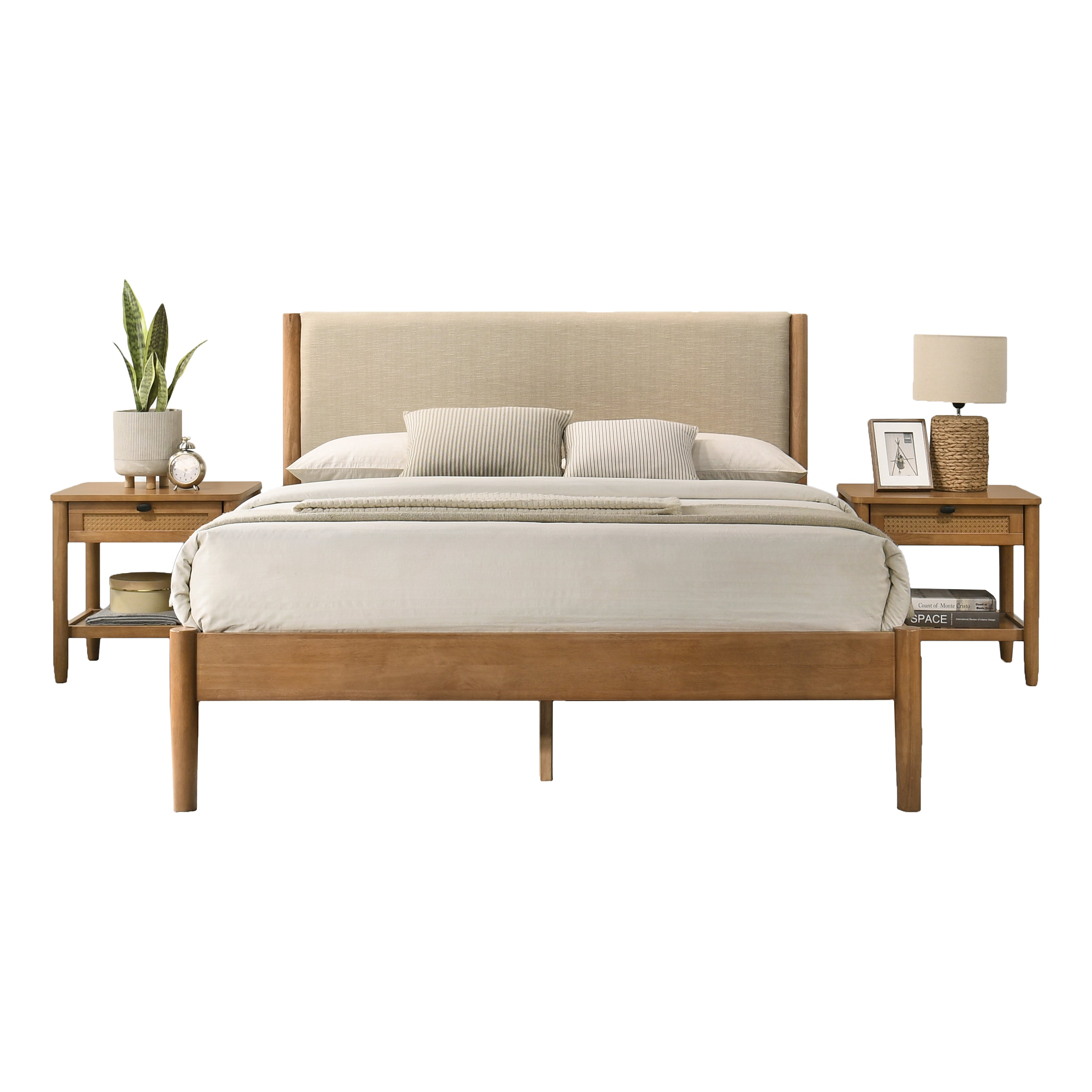 Roundhill Furniture Vichy 3-Piece Rubberwood Bedroom Set - Queen Size Platform Bed with 2 Nightstands for Modern Bedroom | Solid Wood Frame, Minimalist Design | Perfect for Master Bedroom, Guest Room & Small Spaces
