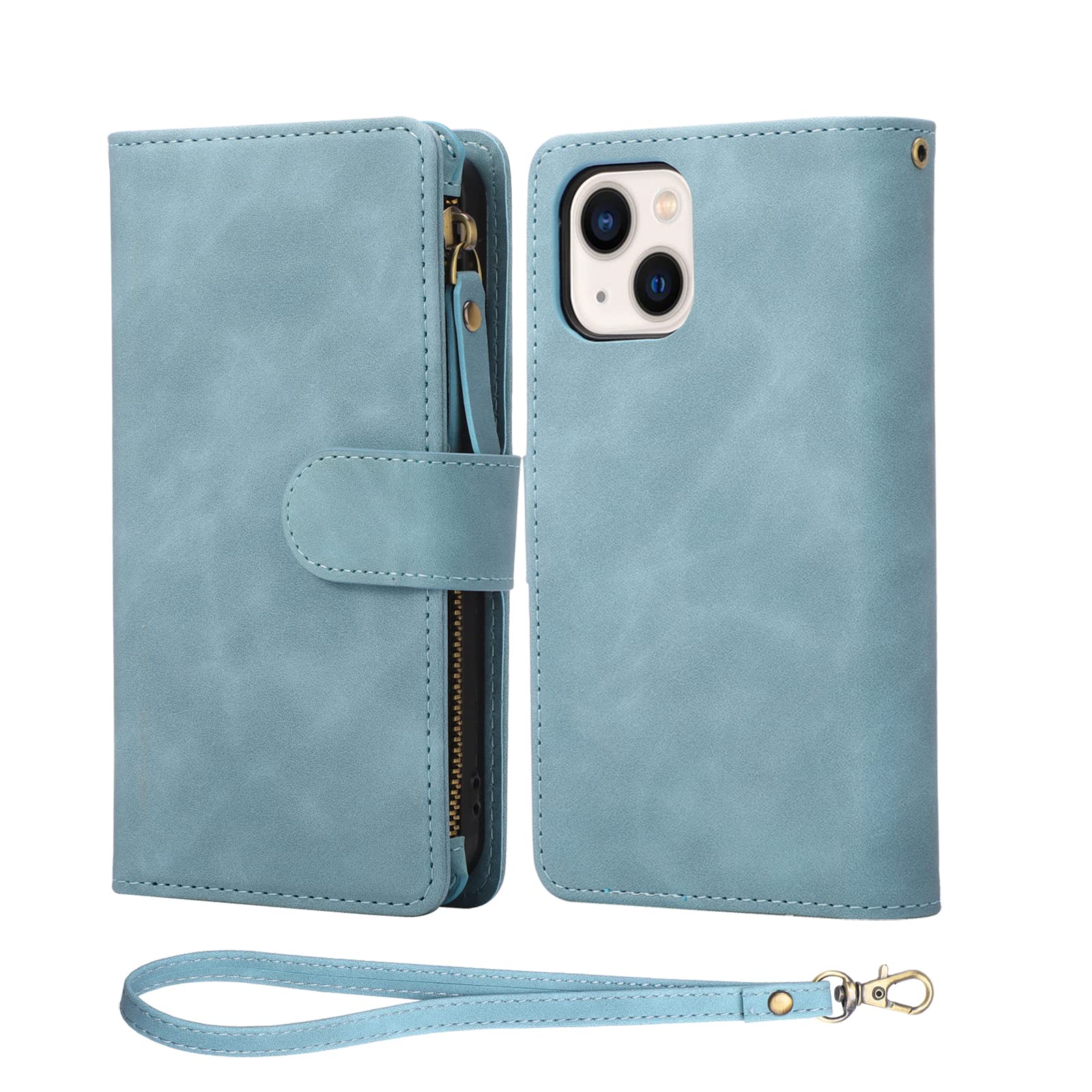 Premium PU Leather Wallet Case for iPhone 13 (6.1 inch) - RFID Blocking Zipper Folio with Magnetic Closure, Wrist Strap & Built-in Kickstand | Protective Phone Cover for Women & Men | Perfect for Travel, Shopping & Daily Use (Baby Blue)