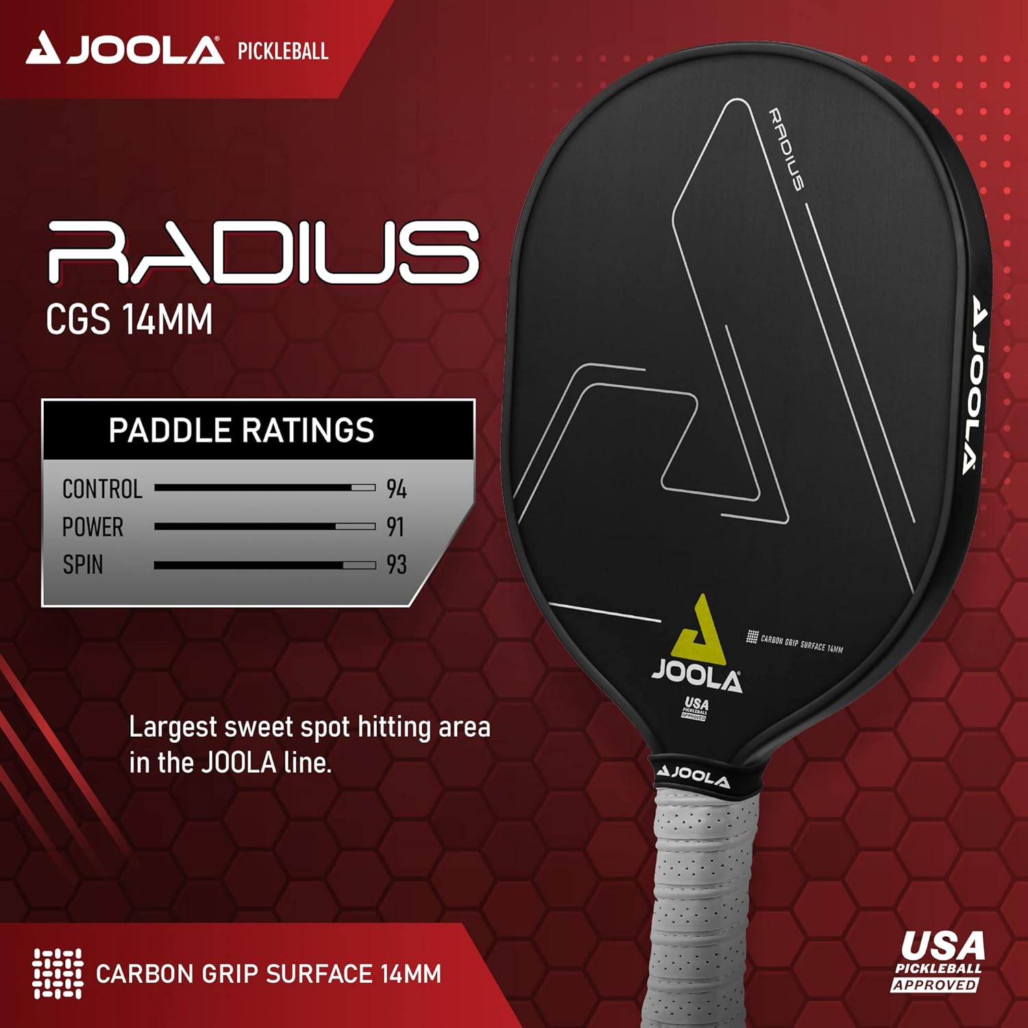 JOOLA Radius CGS 14 Pickleball Paddle - Premium Carbon Fiber Surface for Enhanced Control & Spin - Perfect for Indoor & Outdoor Court Play