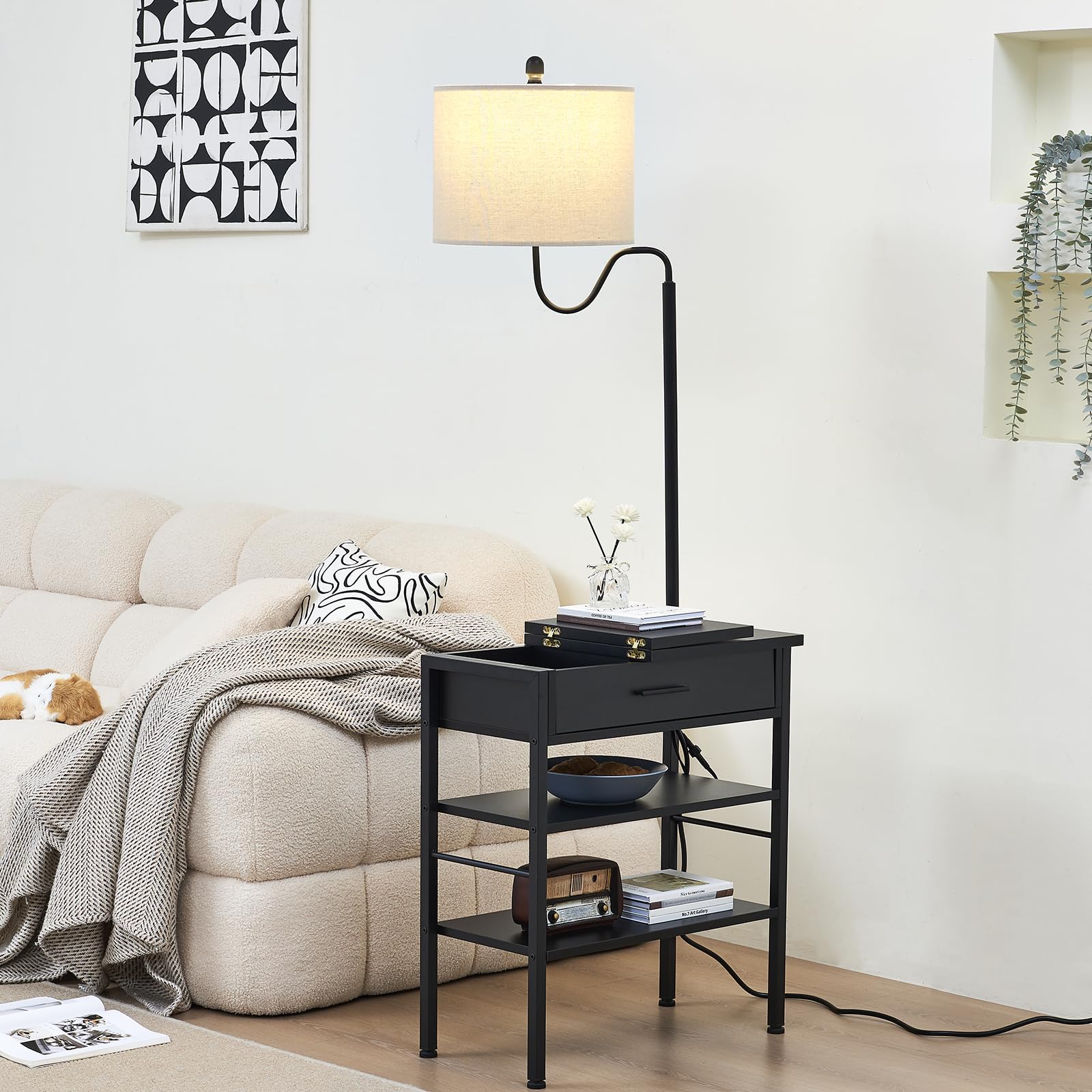 Topotdor Rustic Wooden Floor Lamp with Side Table - USB Port & Outlets, Adjustable Shelves for Bedroom, Living Room & Home Office - Black - Perfect for Reading, Working & Nightstand Lighting