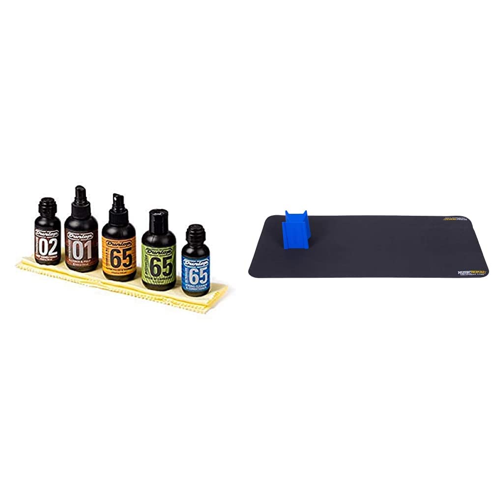 Dunlop System 65 Guitar Maintenance Kit with MusicNomad MN207 Premium Instrument Work Mat & Cradle Cube Neck Support - Professional Guitar Care Tools for Cleaning, Polishing and Setup at Home or Studio