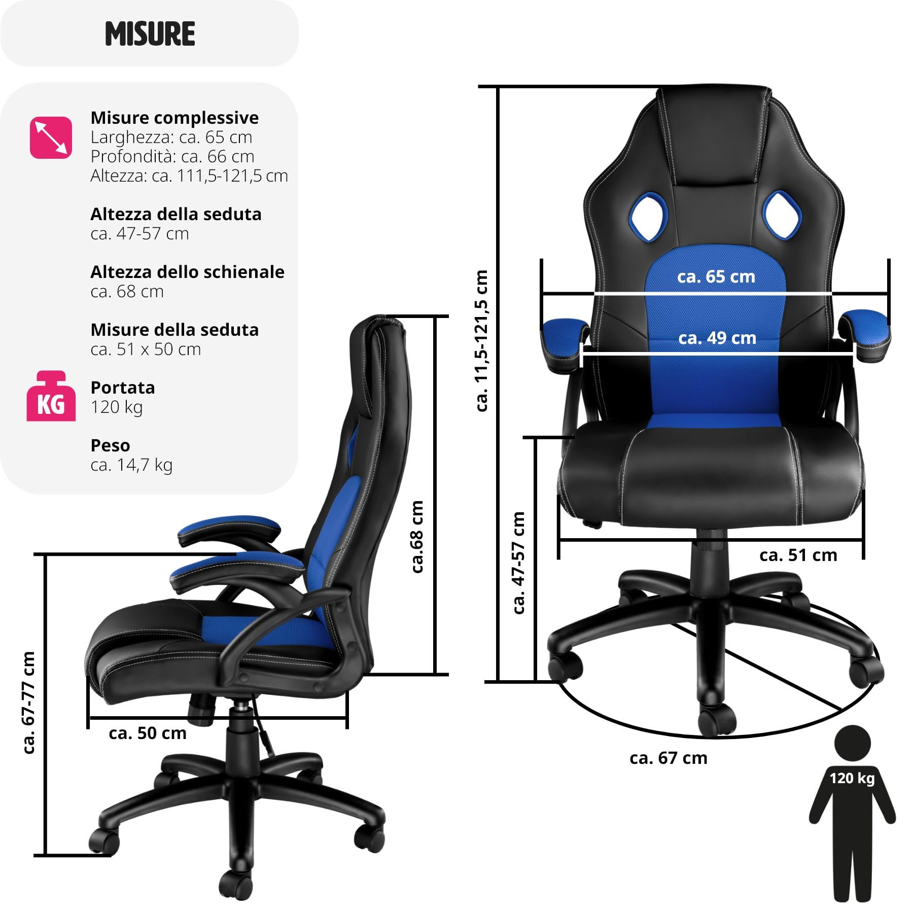 TecTake® Ergonomic Office Chair with Wheels - Heavy Duty Gaming Chair with Thick Padding, Adjustable Height & Lumbar Support - Perfect for Home Office & Gaming Setup - Black/Blue