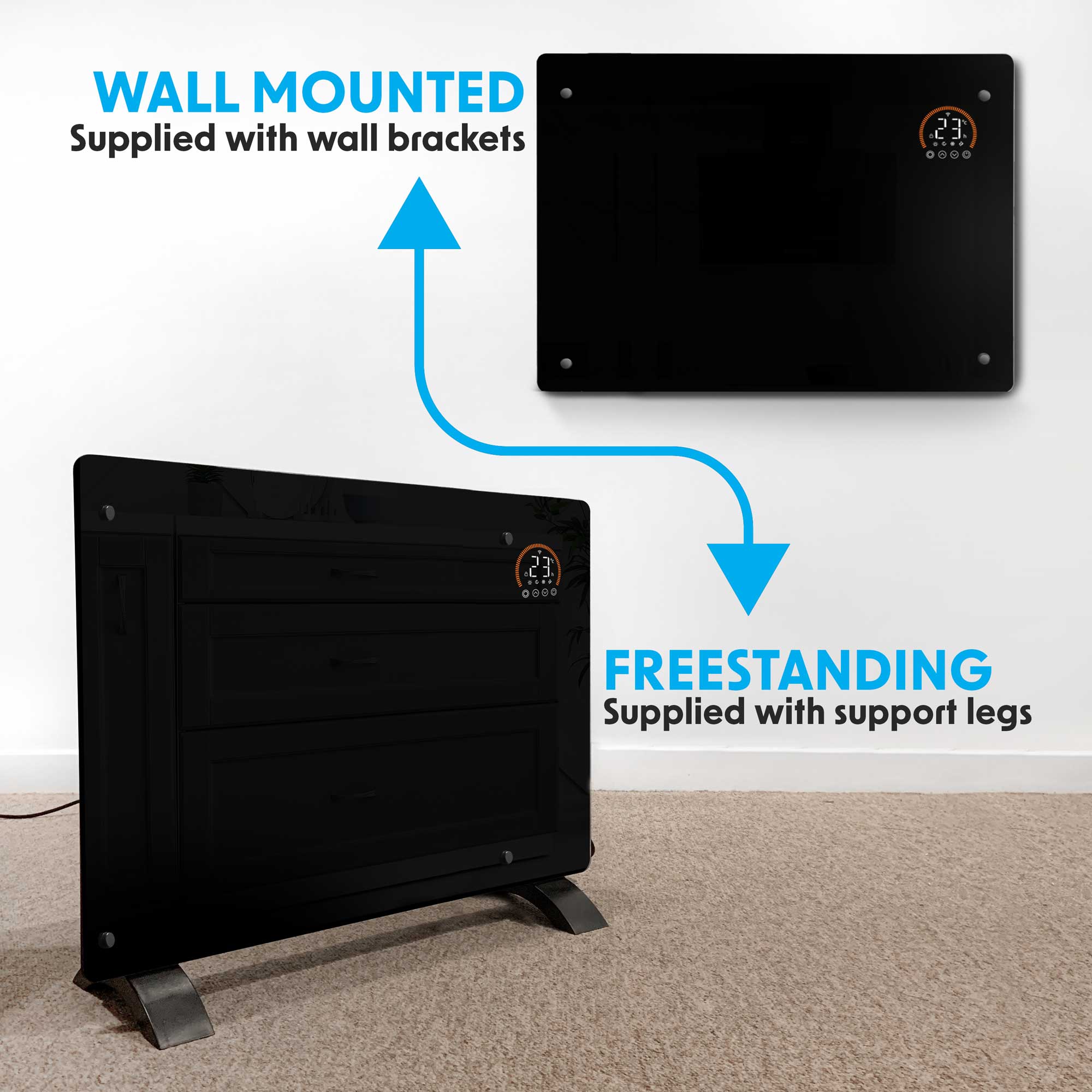 Baridi 2000W Smart WiFi Electric Glass Panel Heater with 24/7 Timer & Remote Control - Black DH139 - Perfect for Bedroom, Office & Home Heating