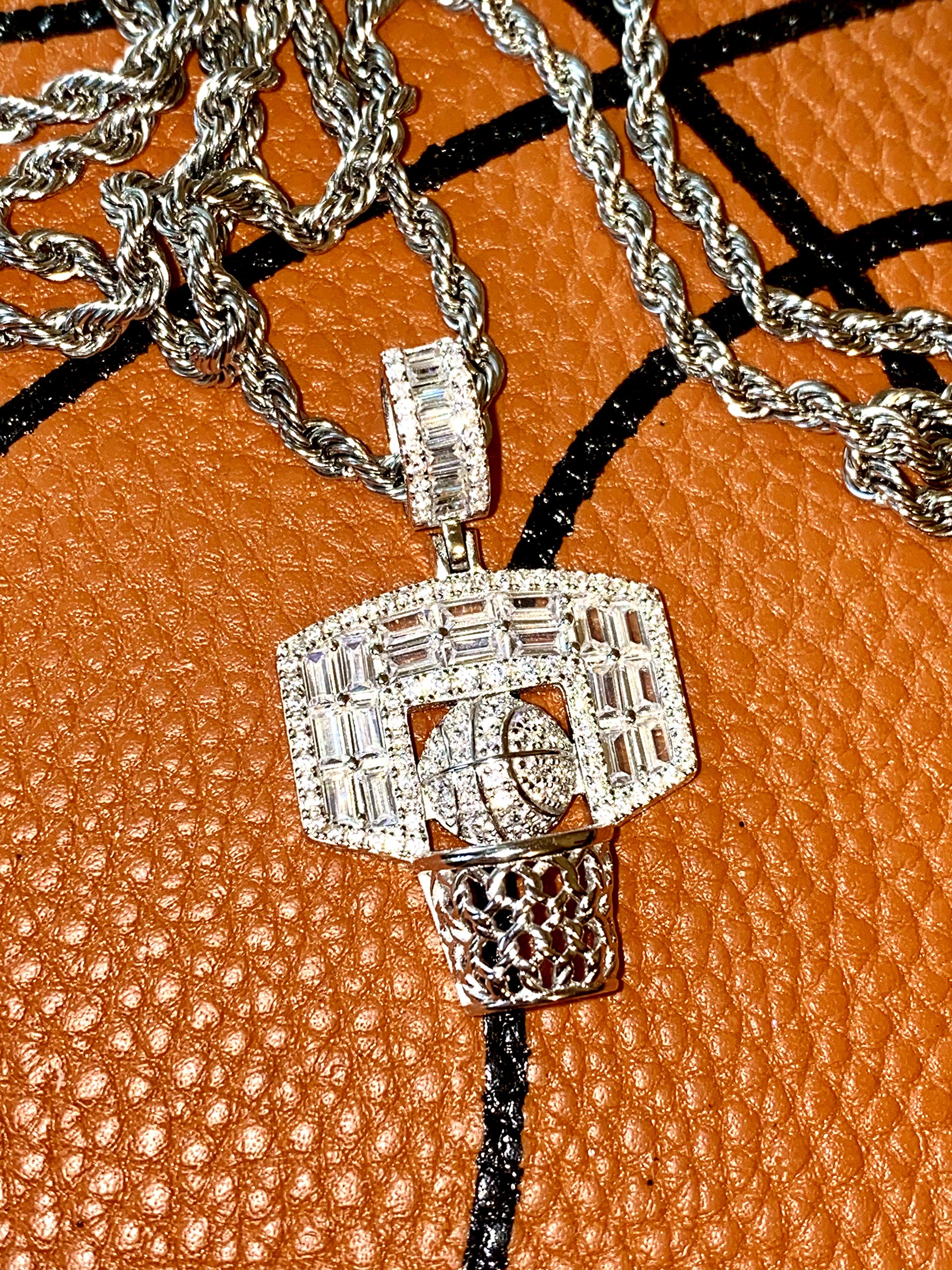 925 Sterling Silver Iced Out Pendant Necklace for Men & Women - Italy White Gold Finish Stainless Steel Rope Chain (16