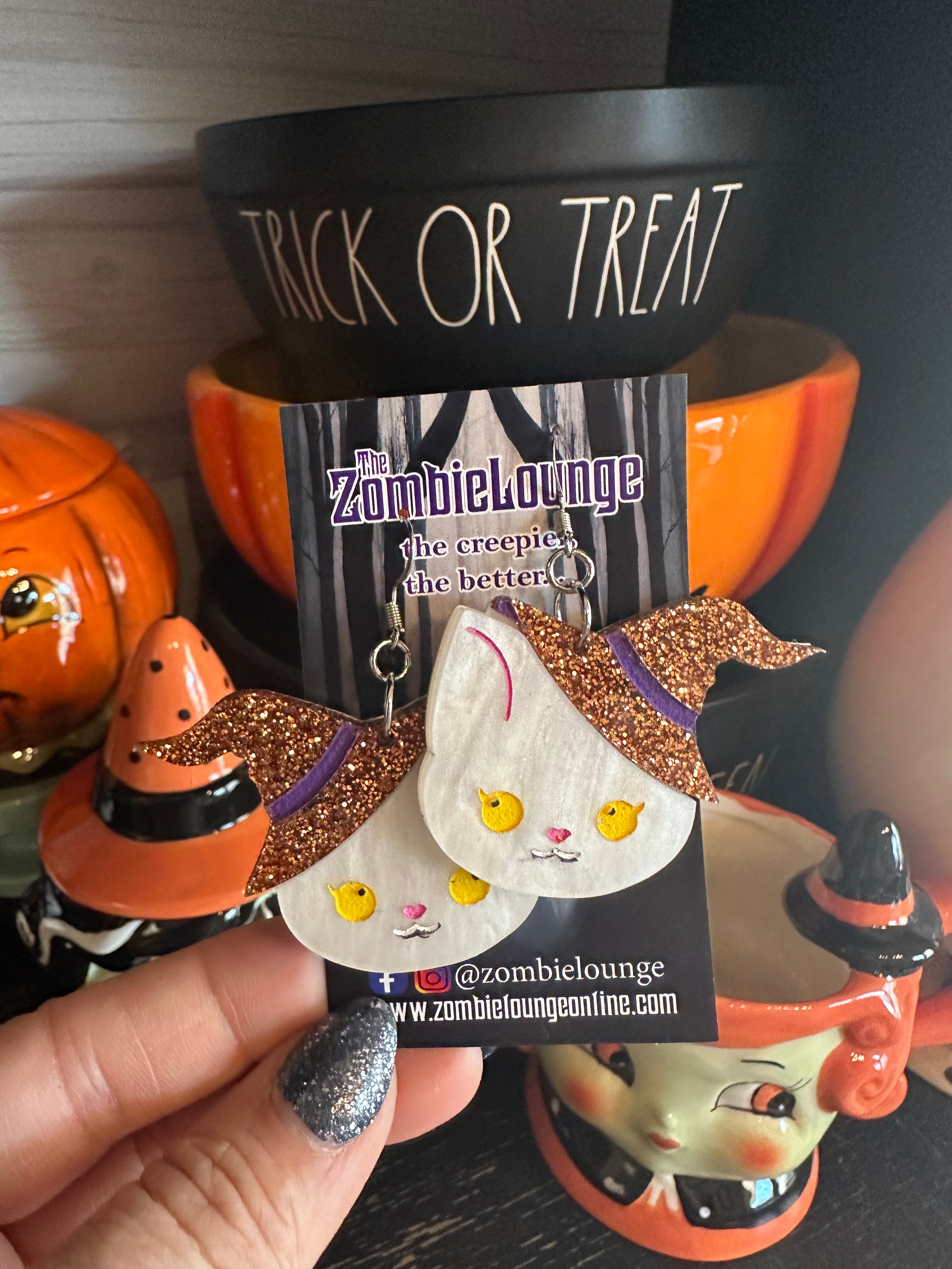 Witch Kitty Earrings - Cute Black Cat Stud Earrings for Women | Halloween Jewelry, Gothic Accessories, Kawaii Gift for Cat Lovers