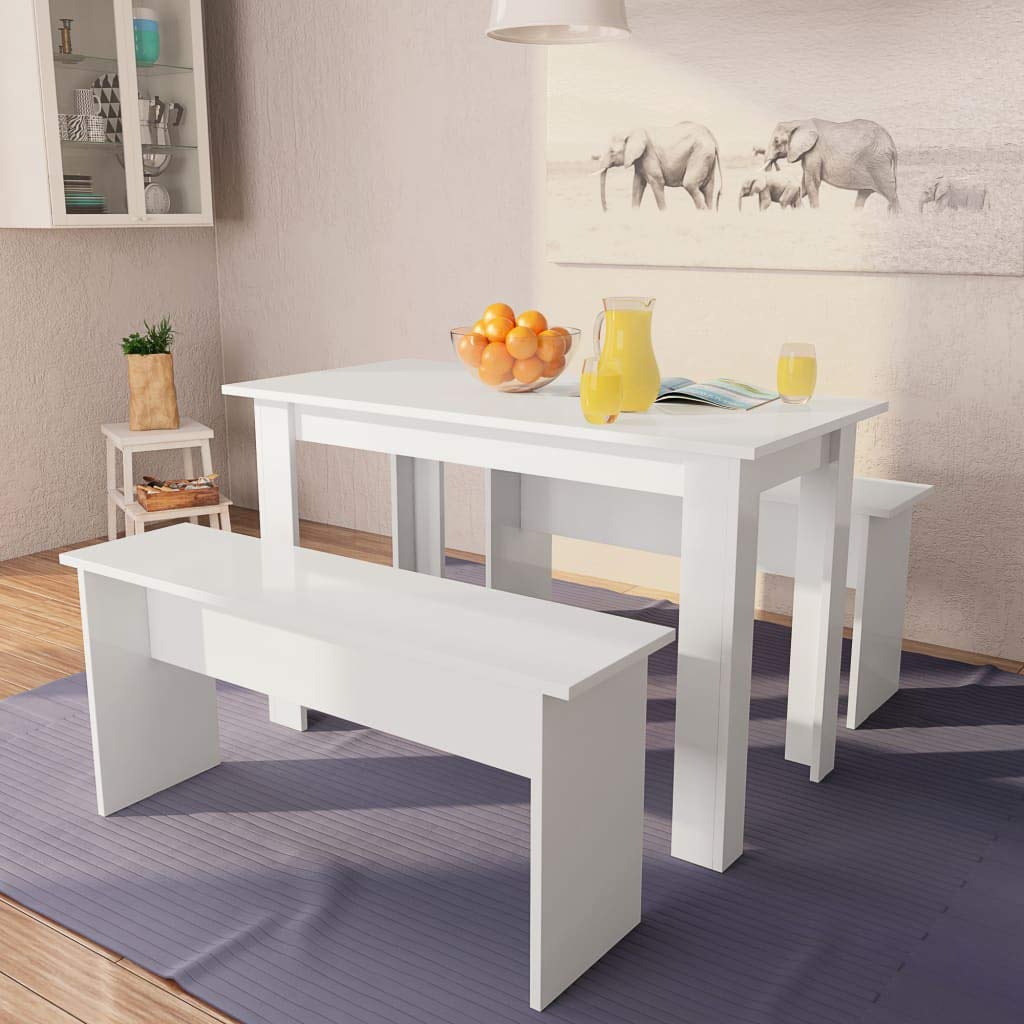 Unfade Memory 3-Piece Dining Table Set with Benches - White Chipboard Kitchen & Dining Room Furniture for Small Spaces, Apartments & Family Gatherings