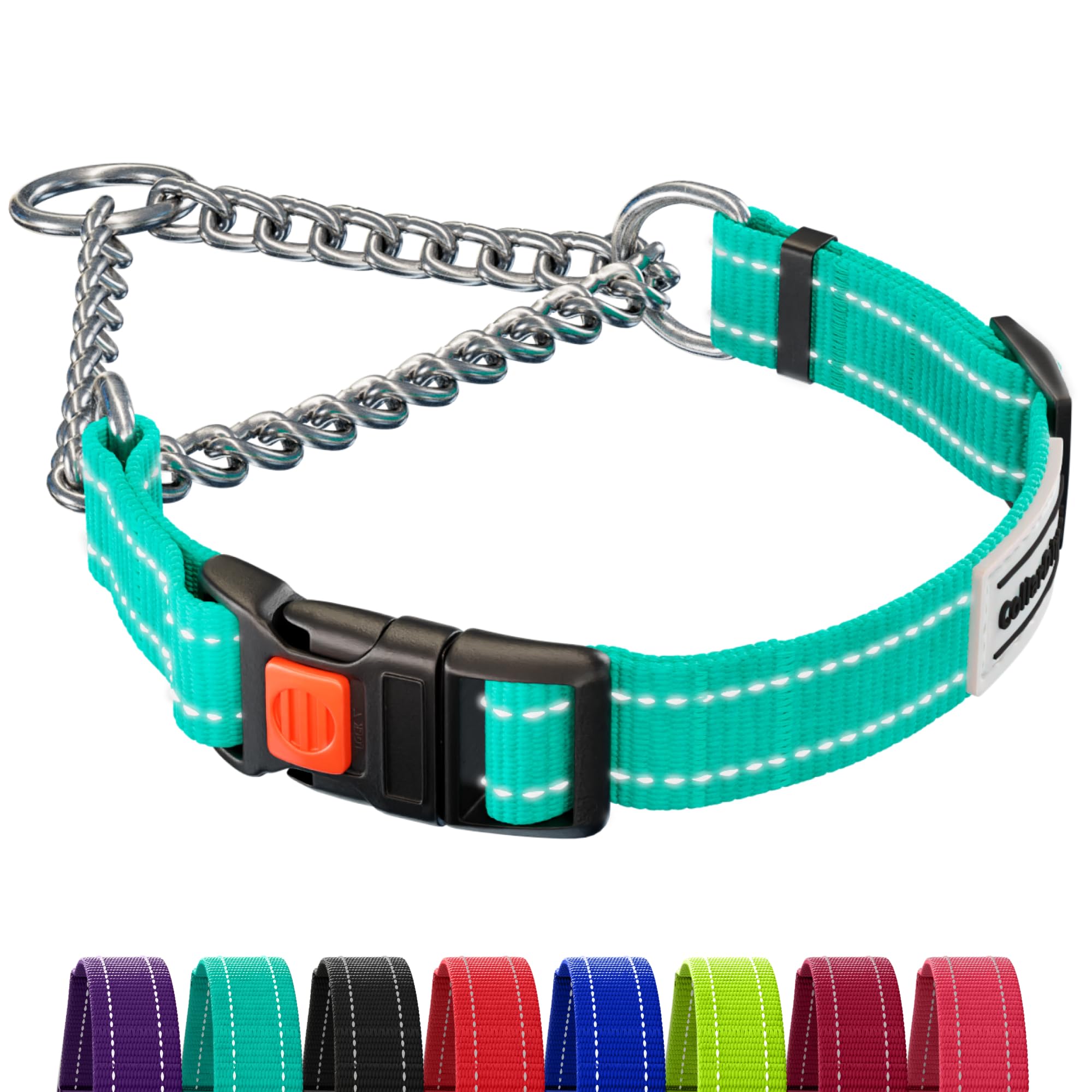 Martingale Dog Collar with Stainless Steel Chain & Quick Release Buckle - Reflective Adjustable Collar for Small Medium Large Dogs (12