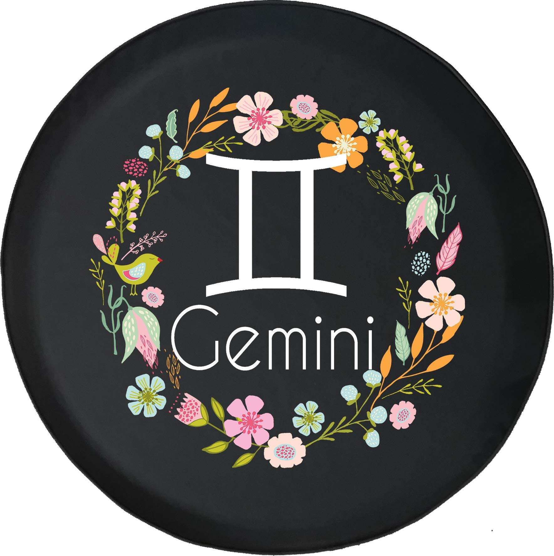 Universal 28 Inch Black MUD Travel Trailer Tire Cover with Floral Circle Pattern & Gemini Horoscope Design - Perfect for RV, Camper, and Motorhome Protection
